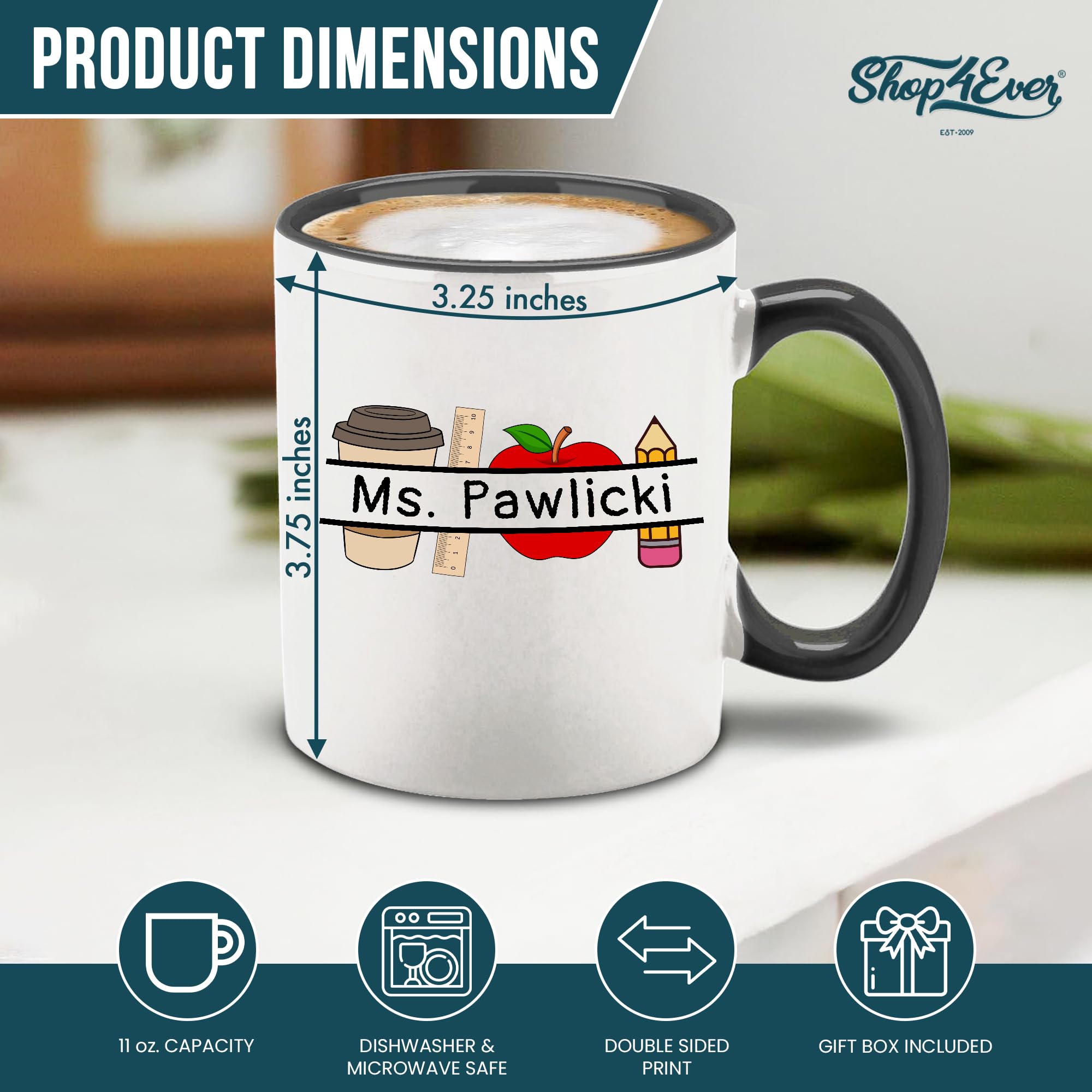 Custom Personalized Teacher Name Coffee Apple Ceramic Mug 11 oz. (Black Handle)