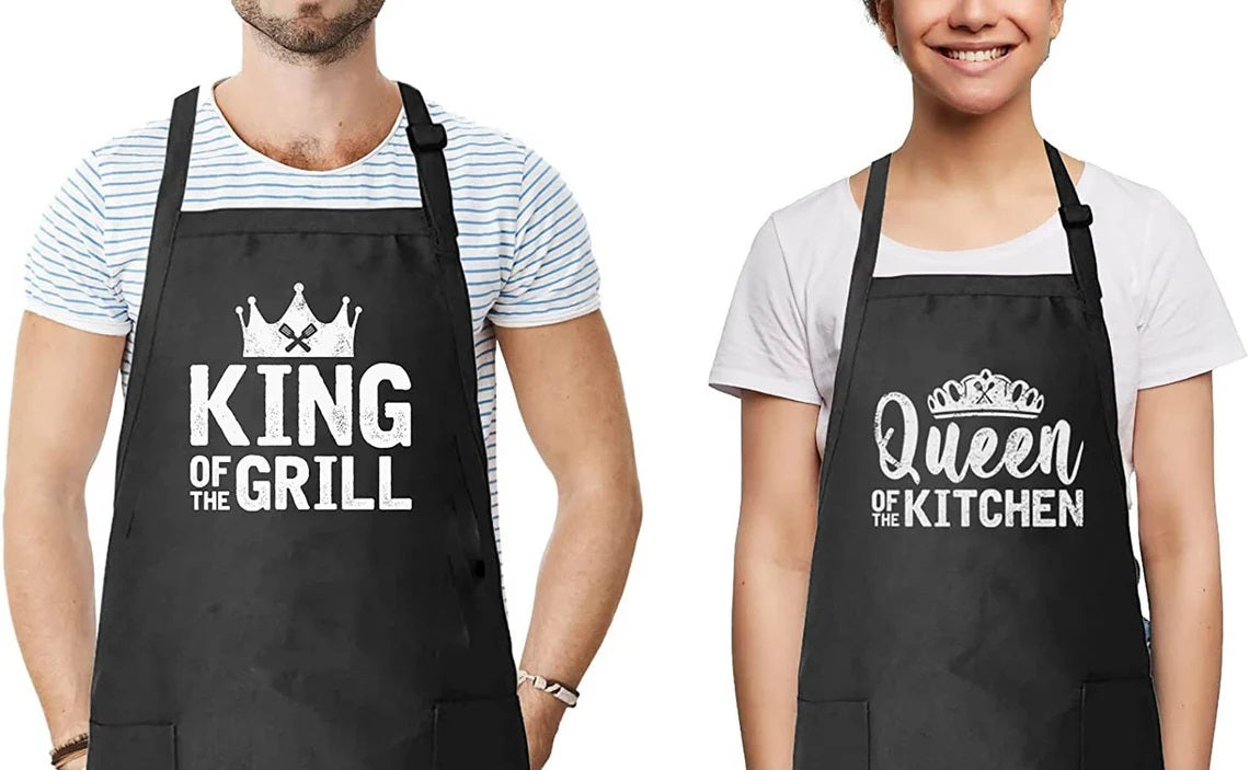 Funny Couples Matching Kitchen Chef Apron with Pockets and Adjustable Strap, His & Her