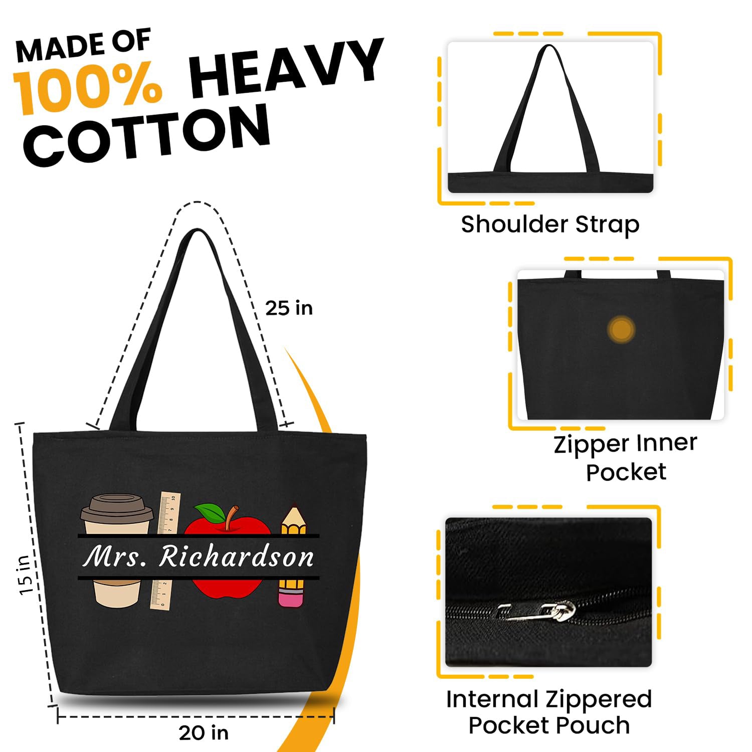 Custom Personalized Teacher Name Coffee Apple Heavy Canvas Tote with Zipper.