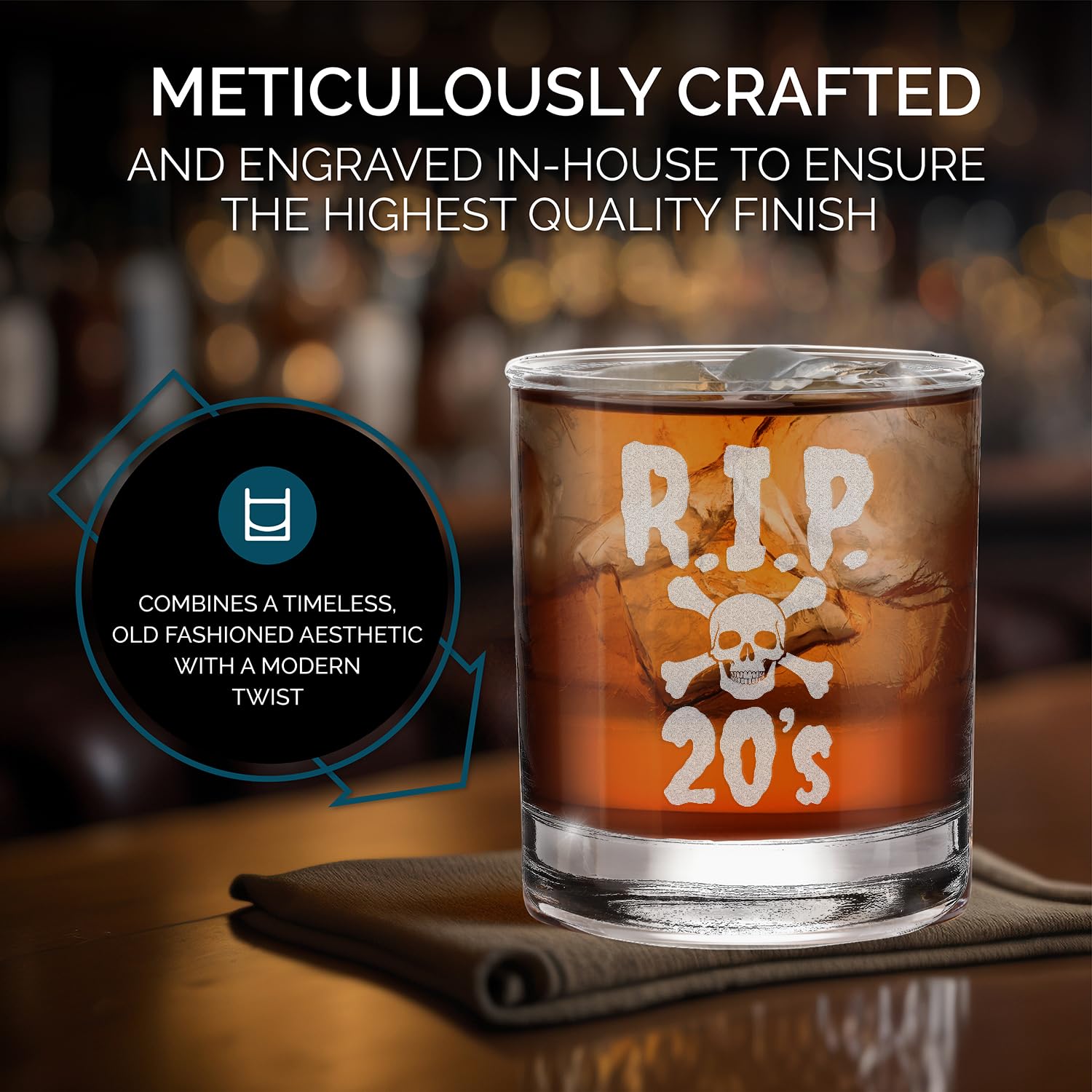 RIP 20's Skull 30 Year Old Thirty Engraved Whiskey Glass 11 oz.