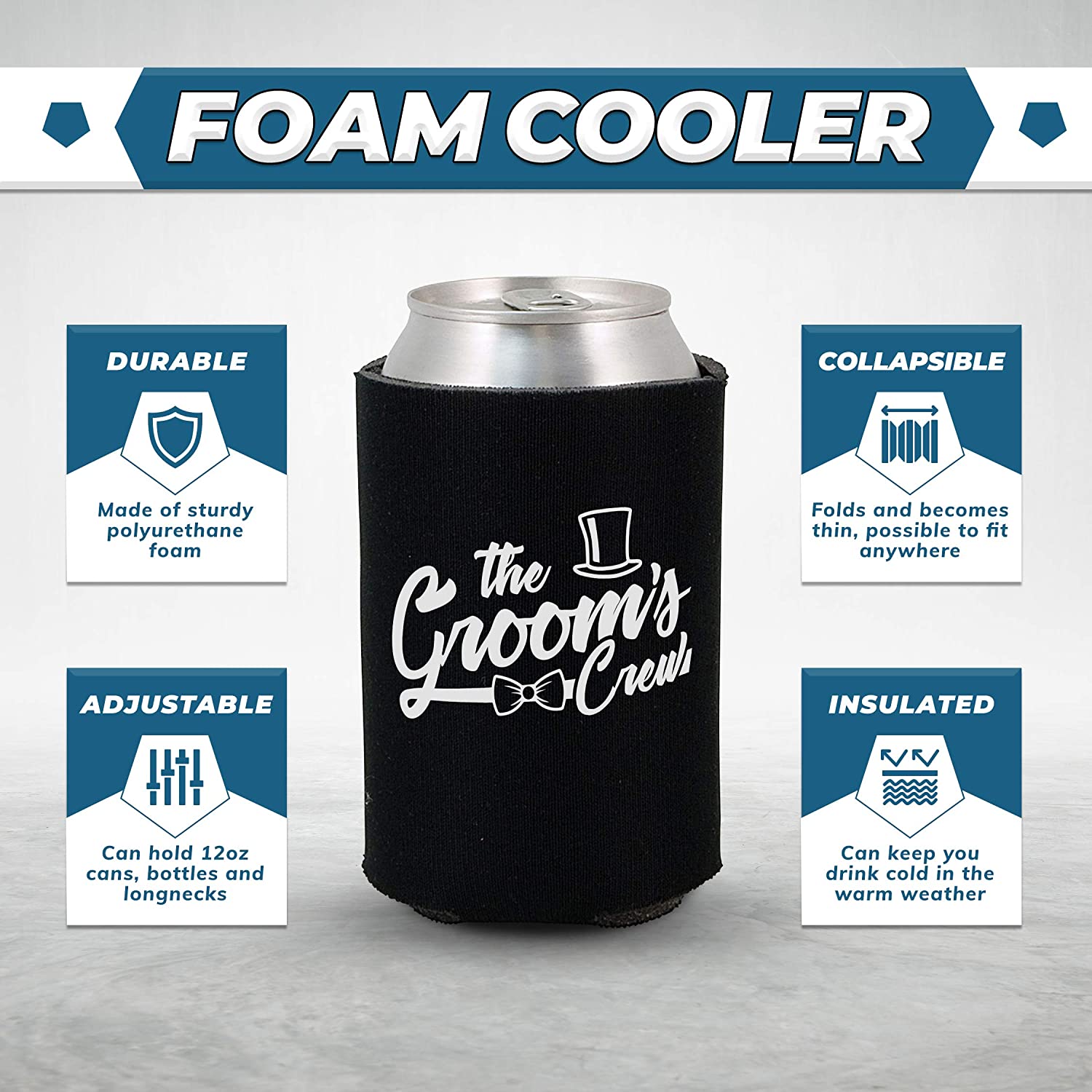 The Groom and The Groom’s Crew Bow Tie Top Hat Can Coolie, Insulating Sleeve Holder for Beverage Cups