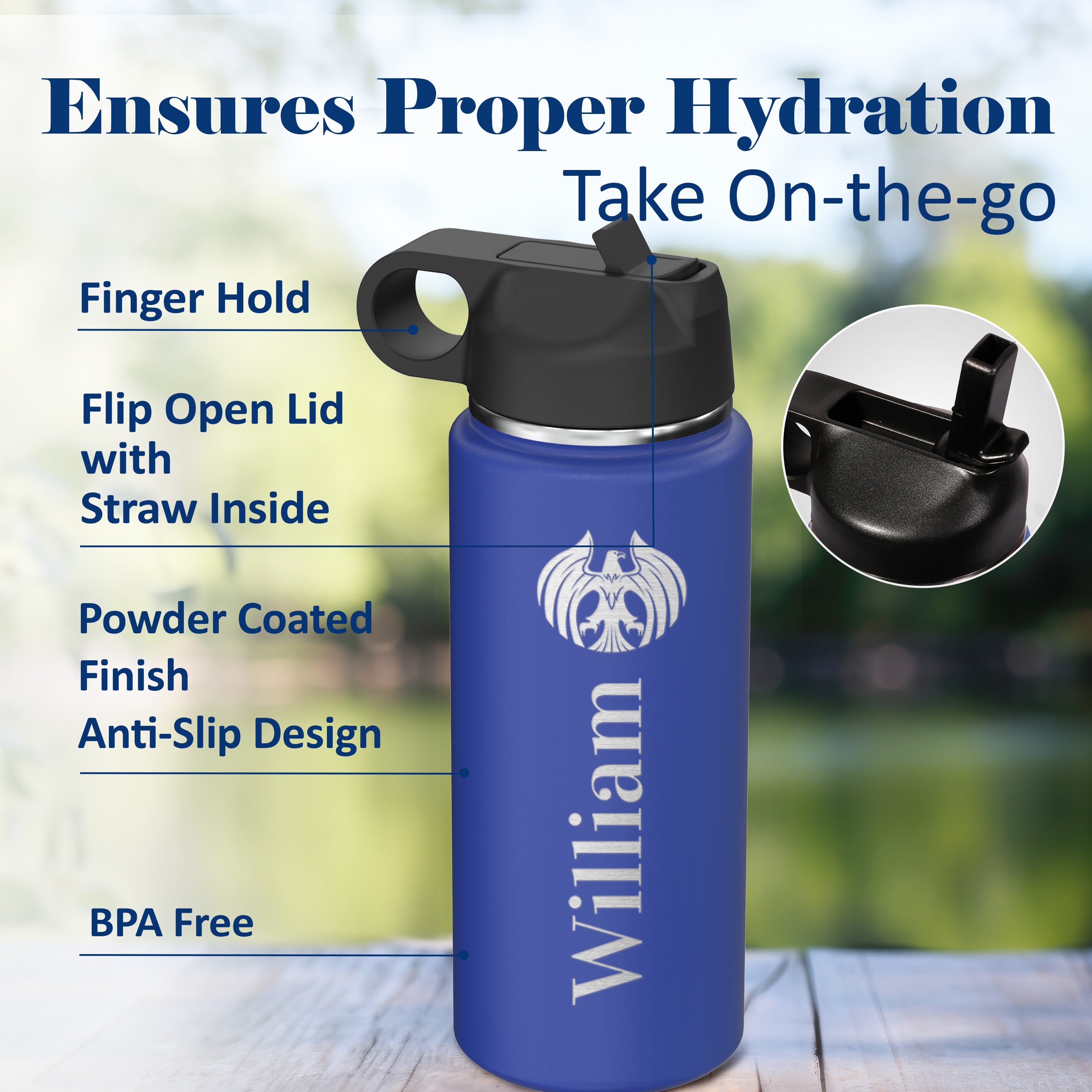 Custom Personalized Name and Icon Logo Insulated Stainless Steel Water Bottle 18oz.
