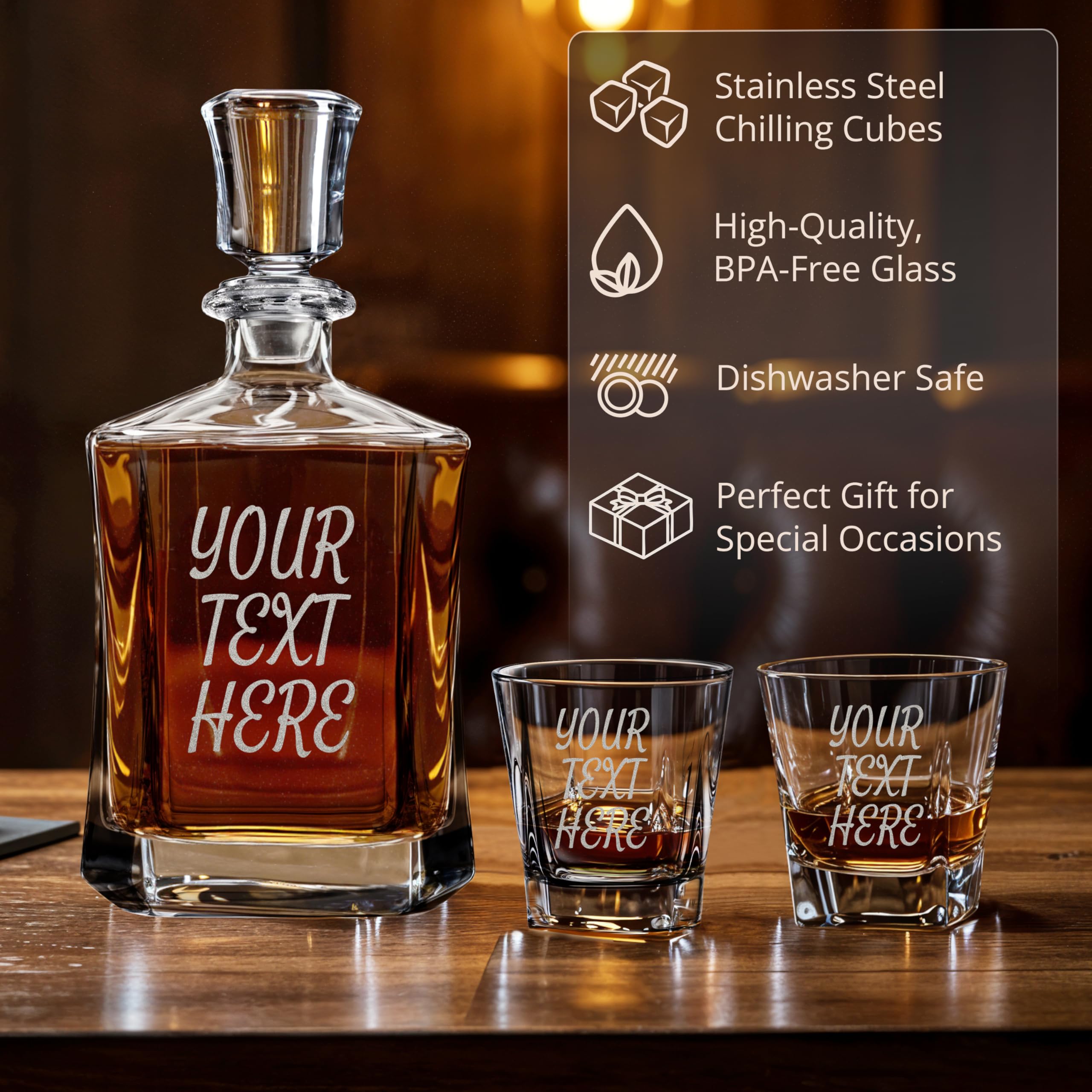 Custom Engraved Your Text Logo Whiskey Decanter Gift Set – 23 oz Liquor/Bourbon Decanter with Glasses, Whiskey Stones, Coasters & Tongs – Premium Whiskey Gift for Men, Husband, Dad, or Boyfriend