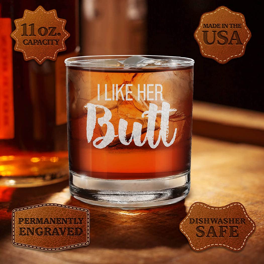 I Like Her Butt I Like His Beard Couples Gift Set Engraved Whiskey Glass and Stemless Wine Glass.
