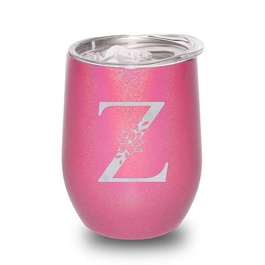 Dazzling Pink Sparkle Floral Monogram Tumbler – 12oz Personalized Initial Engraved Wine Cup