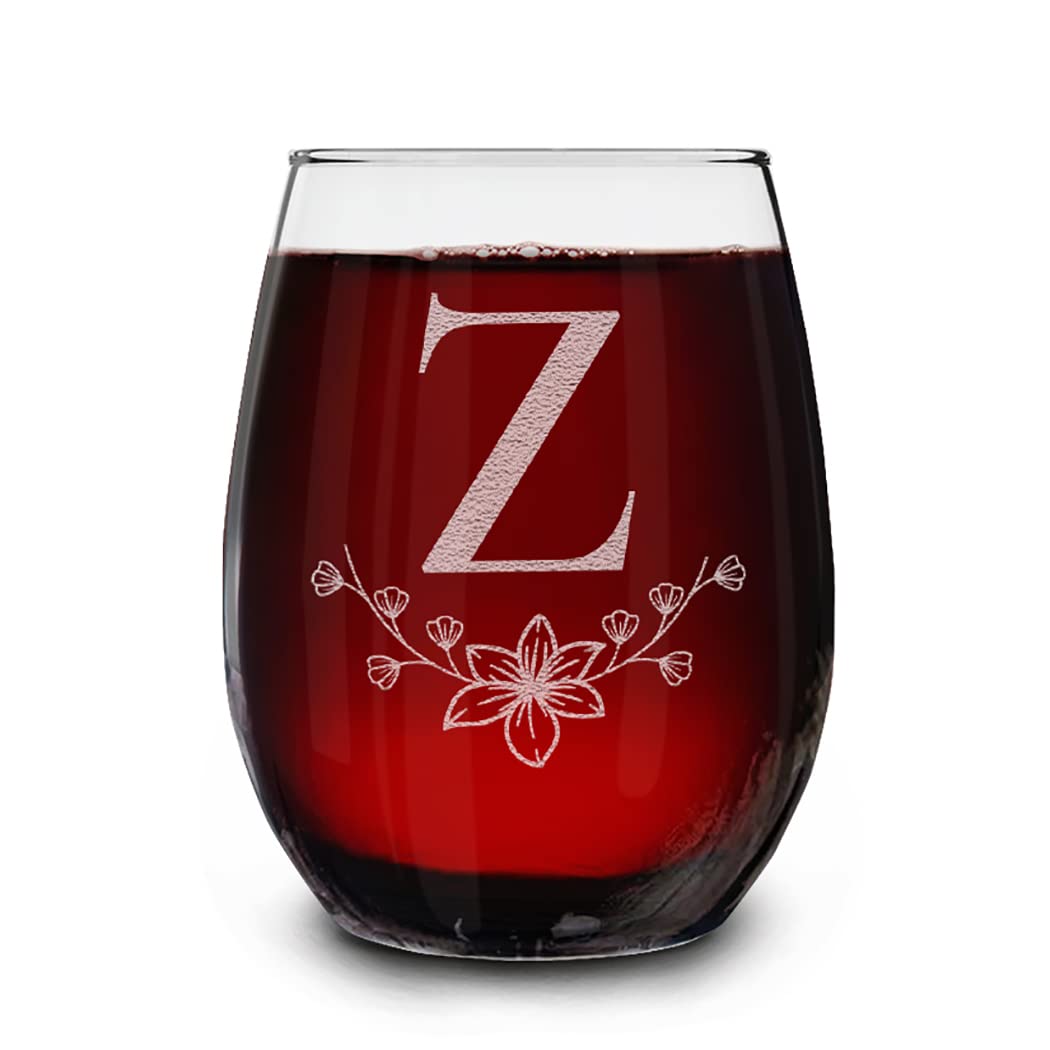 Floral Monogram Engraved Initial Letter Stemless Wine Glass 15 oz.