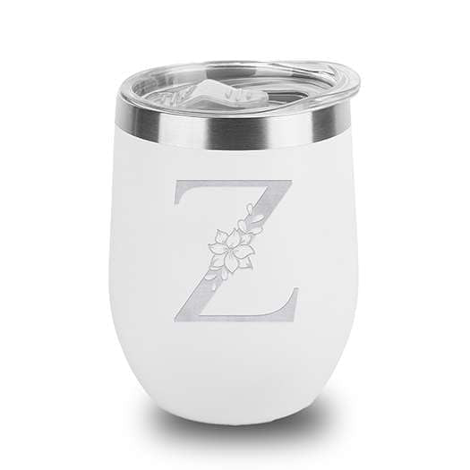 Floral Monogram Letter Initial Engraved Insulated Stainless Steel Wine Tumbler with Lid 12 oz.