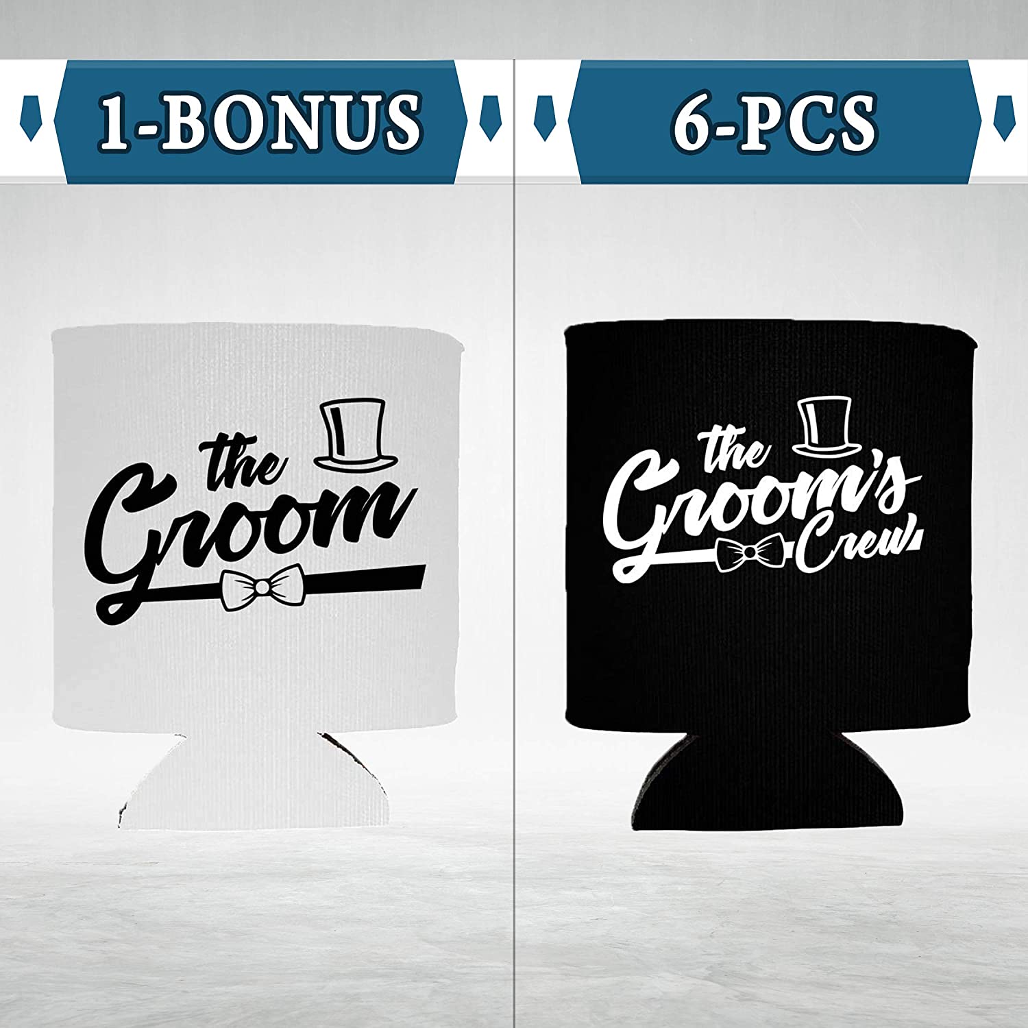 The Groom and The Groom’s Crew Bow Tie Top Hat Can Coolie, Insulating Sleeve Holder for Beverage Cups