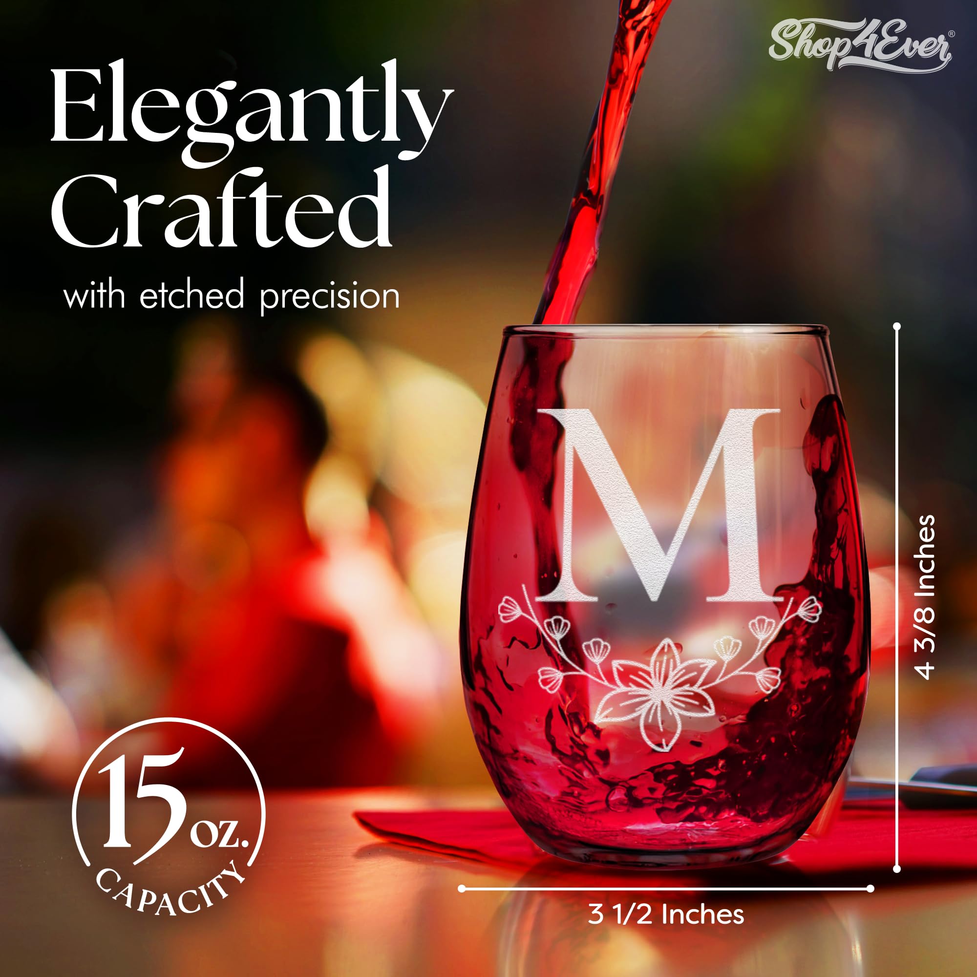 Floral Monogram Engraved Initial Letter Stemless Wine Glass 15 oz.