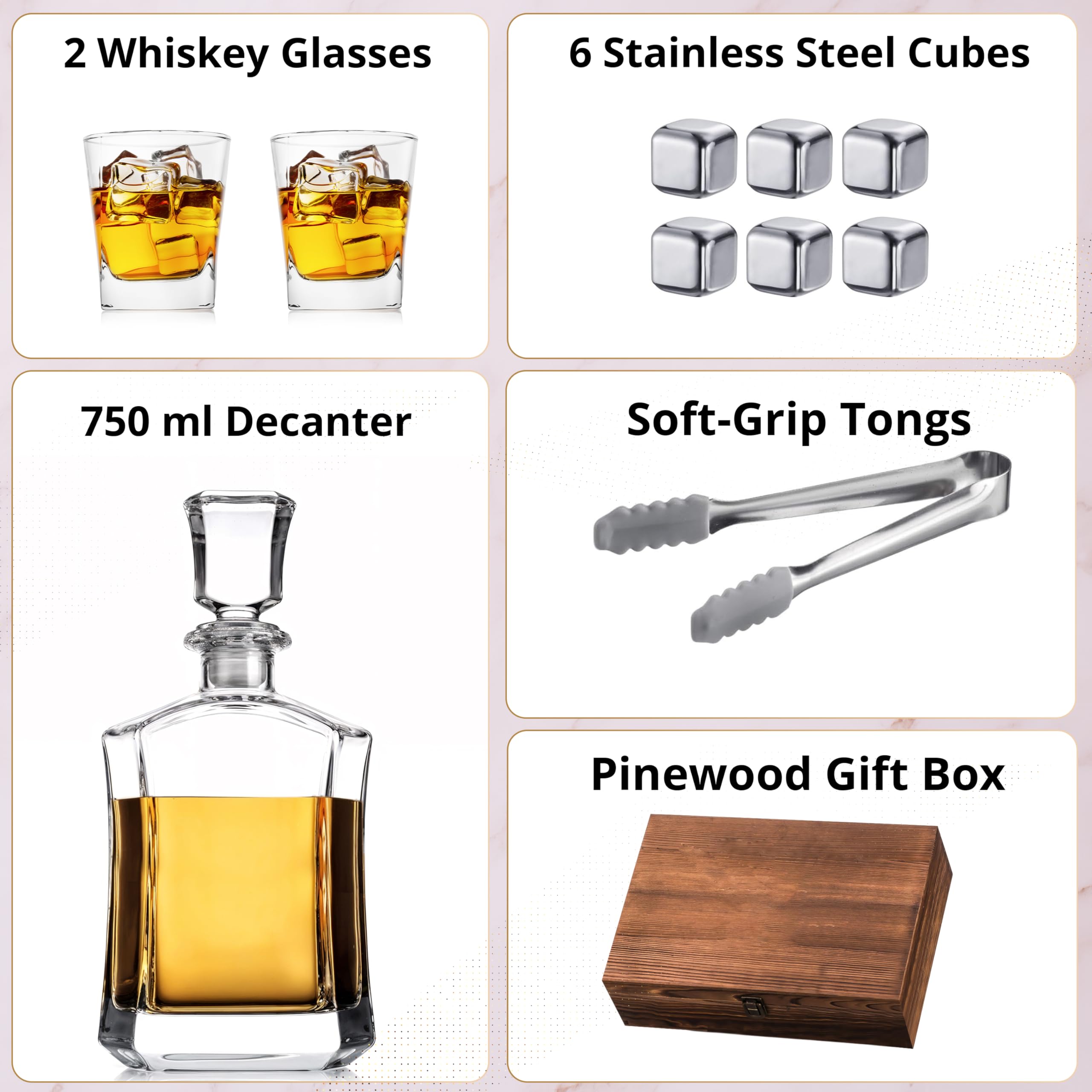Custom Engraved Your Text Logo Whiskey Decanter Gift Set – 23 oz Liquor/Bourbon Decanter with Glasses, Whiskey Stones, Coasters & Tongs – Premium Whiskey Gift for Men, Husband, Dad, or Boyfriend