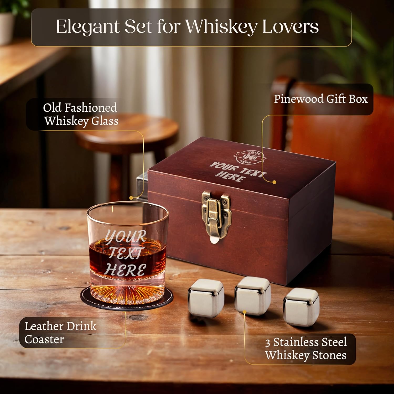 Custom Logo & Text Whiskey Gift Set – Includes Glass, Leather Coaster & Stainless Steel Whiskey Stones – Personalized Premium Wood Box for Men Gift for Husband, Dad, or Him