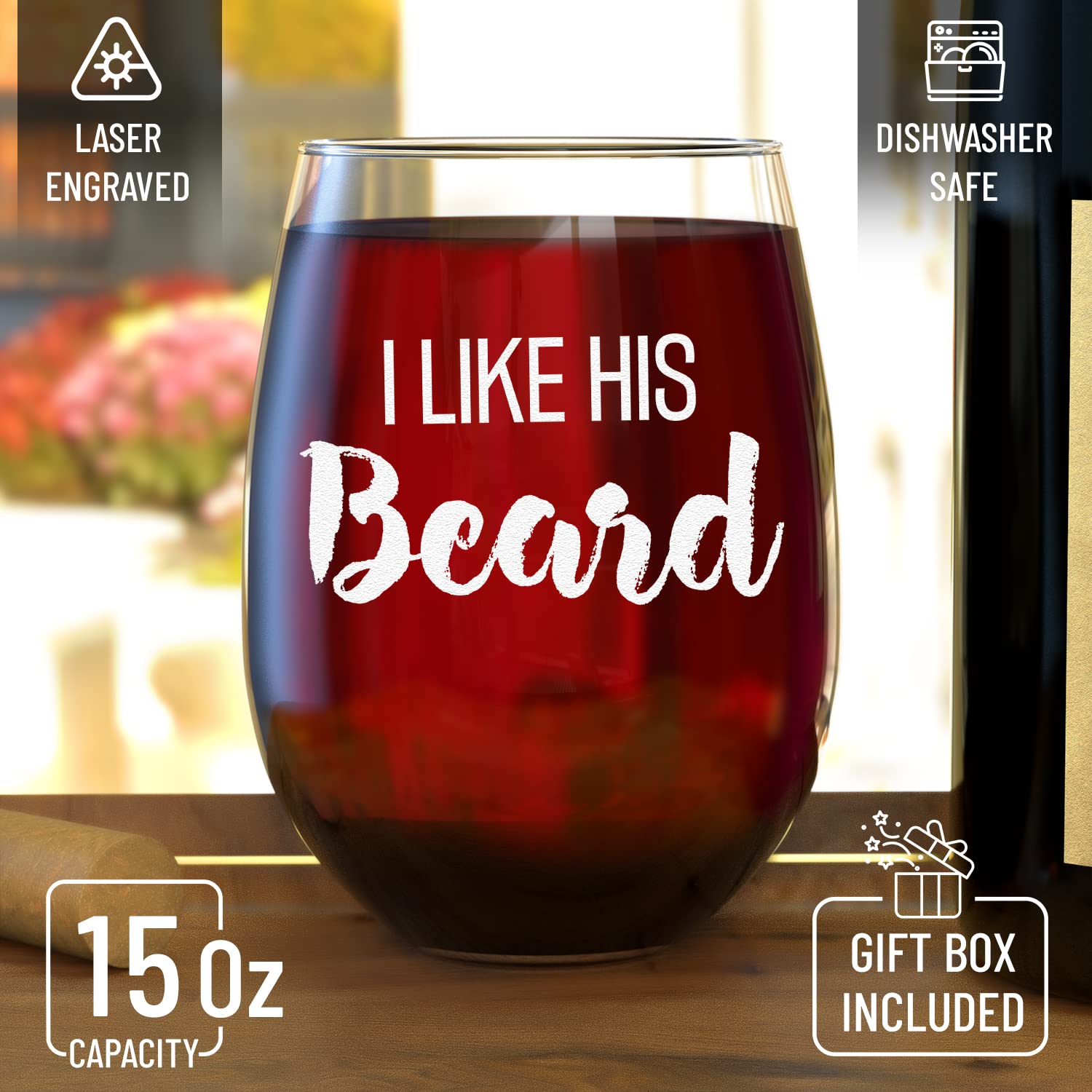 I Like Her Butt I Like His Beard Couples Gift Set Engraved Whiskey Glass and Stemless Wine Glass.