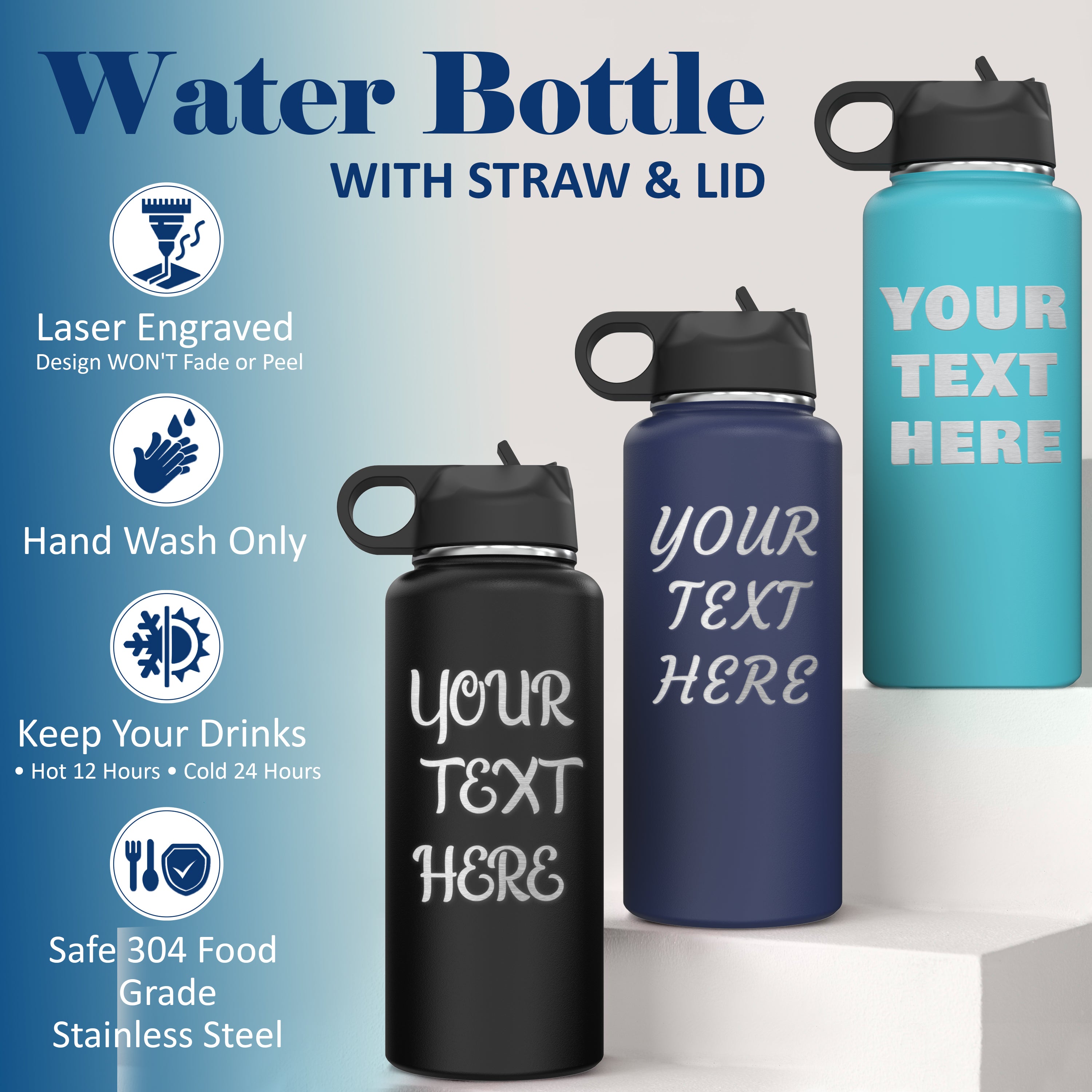 Custom Personalized Your Text & Logo Water Bottle 32oz.