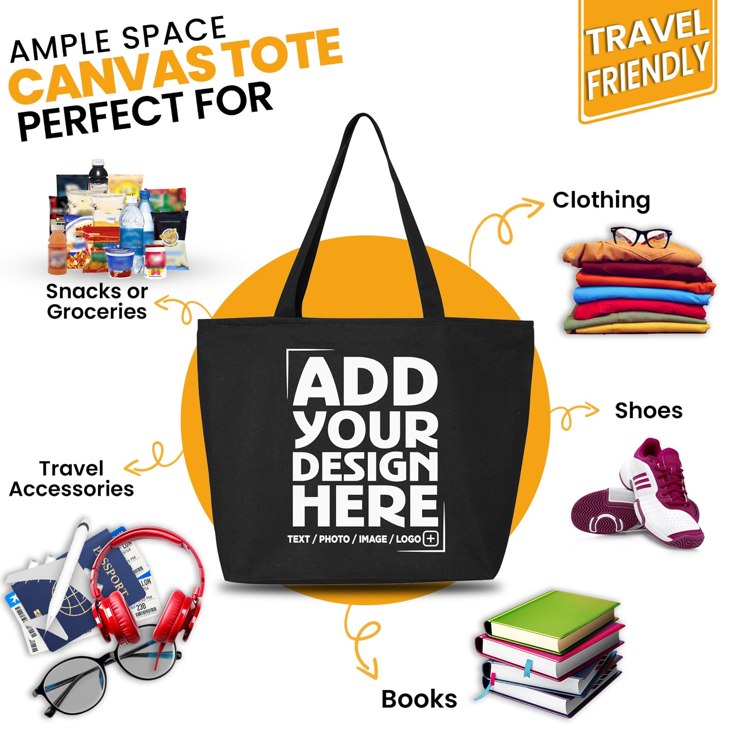 Custom Personalized Design Your Own Heavy Canvas Tote with Zipper Reusable Shopping Bag