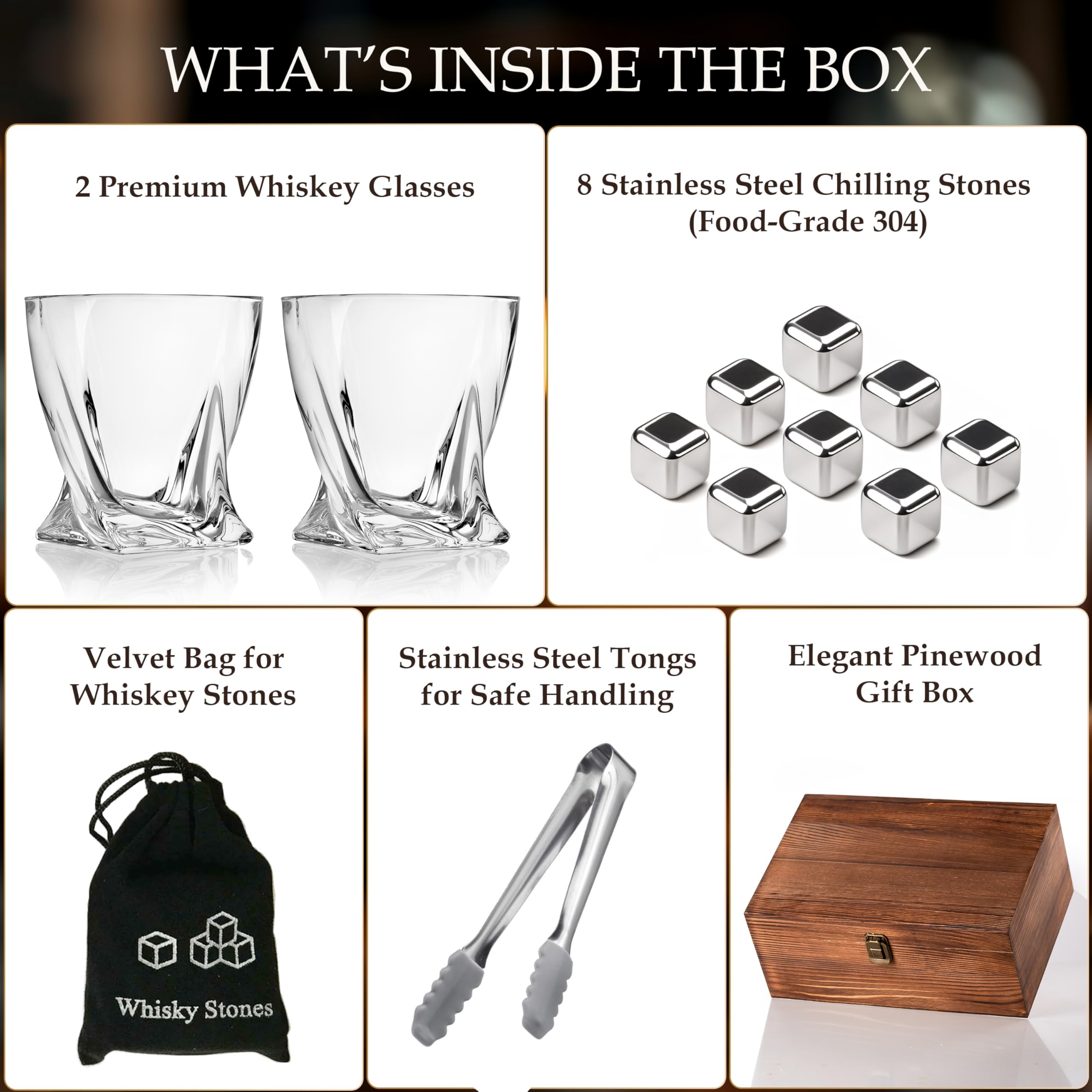 Custom Your Text and Logo Whiskey Gift Set of 2 Glasses, Tongs, & Stainless Steel Whiskey Stones – Personalized Premium Wood Box for Men Gift for Husband, Dad, or Him