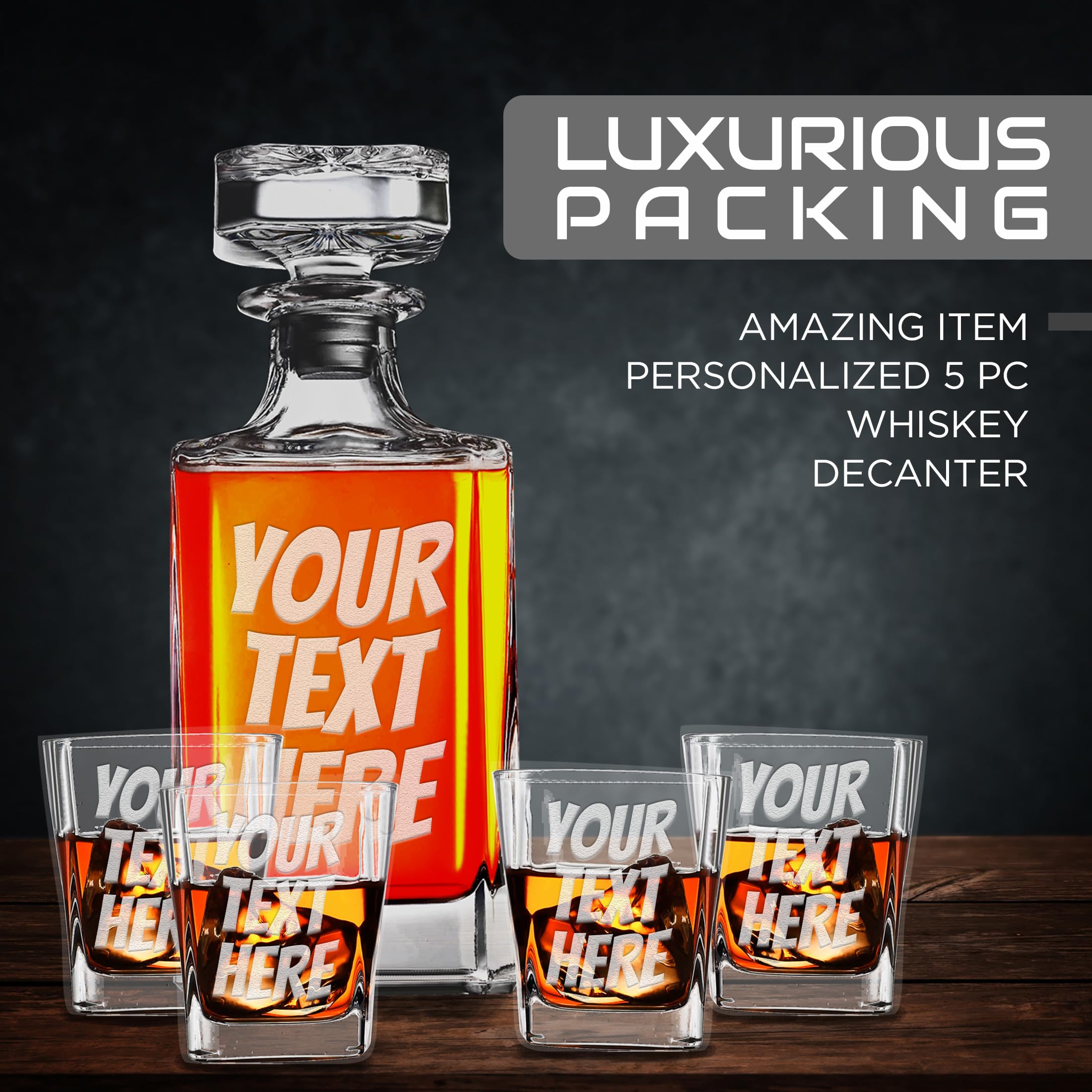 Custom Personalized Your Text Here Engraved Whiskey Decanter Set with 4 Glasses.