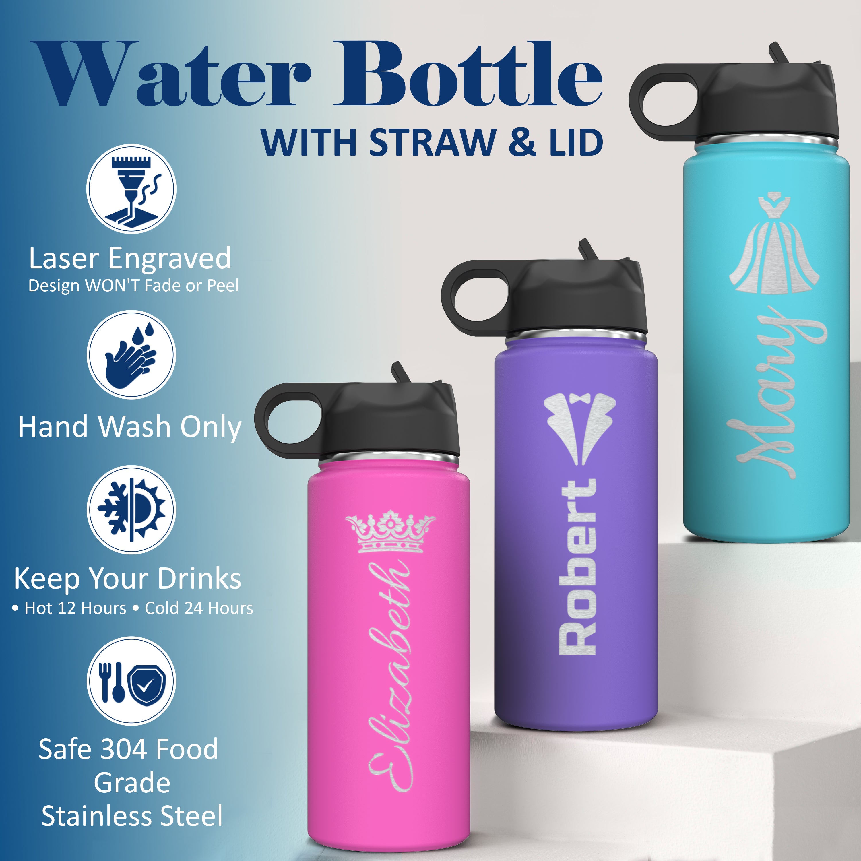 Custom Personalized Name and Icon Logo Insulated Stainless Steel Water Bottle 18oz.