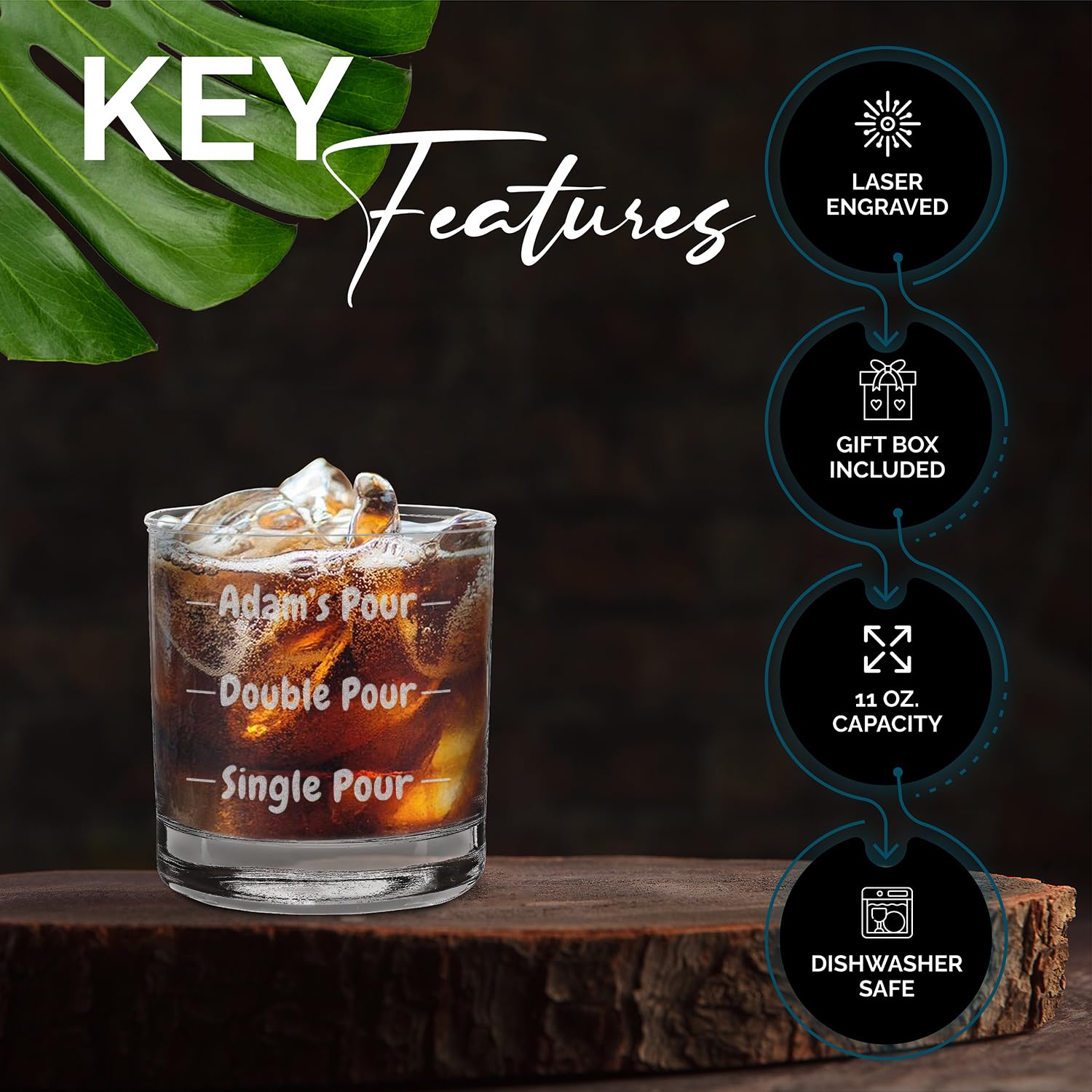 Custom Personalized Your Name Pour Double Pour Single Pour Engraved Whiskey Glass 11 oz.