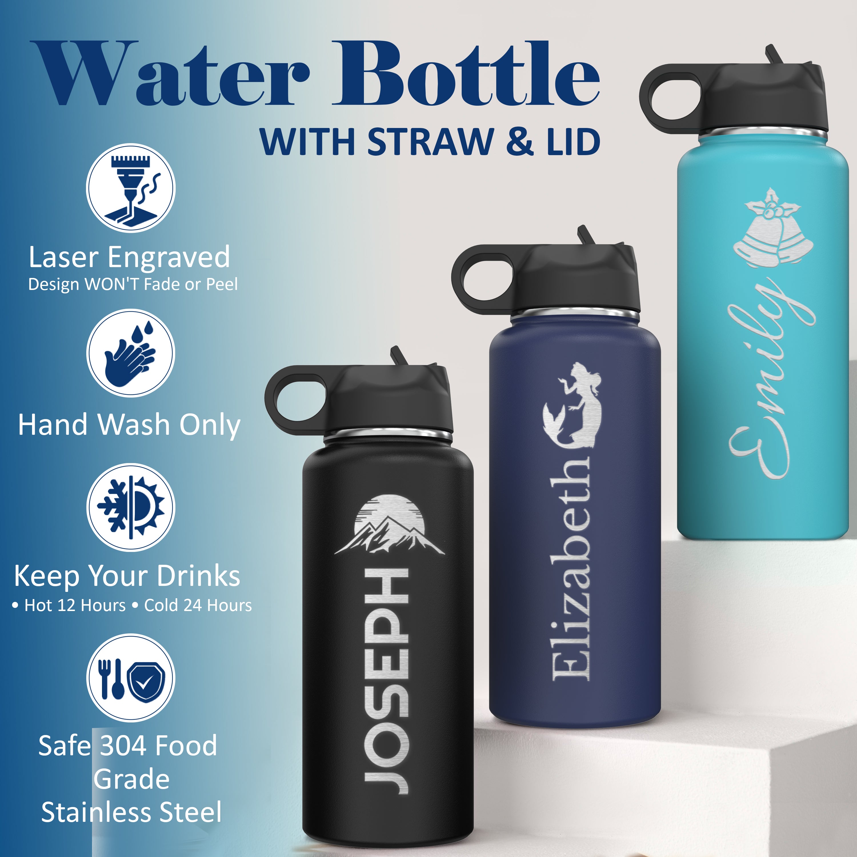 Custom Personalized Name and Icon Water Bottle 32 oz.