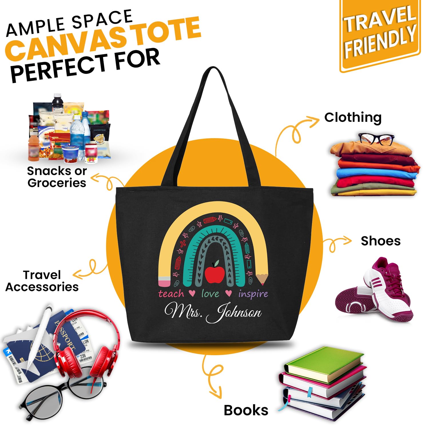 Custom Personalized Teacher Teach Love Inspire Rainbow Heavy Canvas Tote with Zipper.