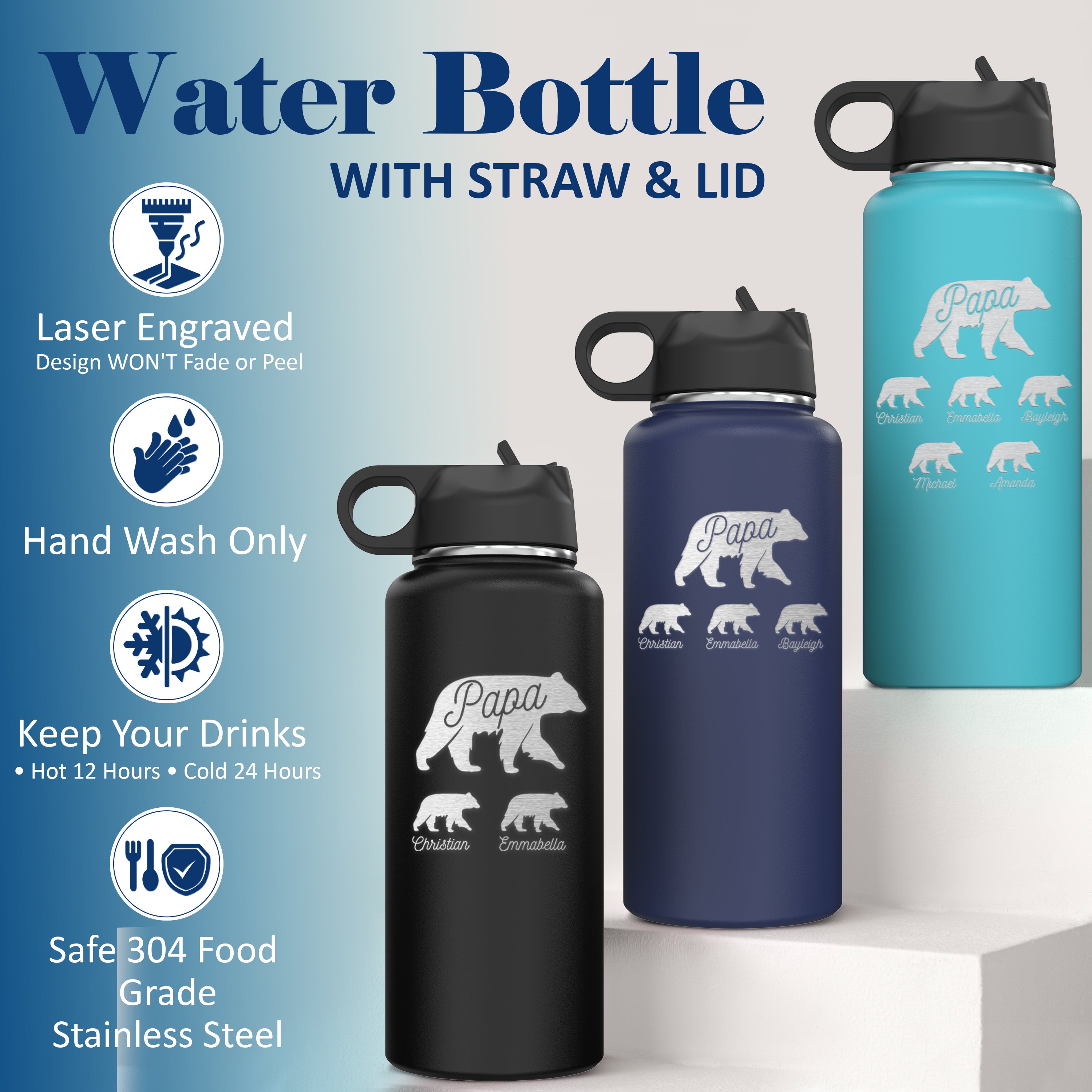 Custom Personalized Papa Bear Water Bottle 32oz.