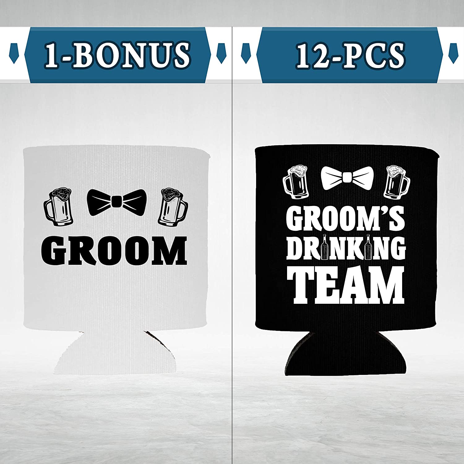 Groom Bow Tie and Groom’s Drinking Team Bow Tie Beer Mug Can Coolie, Insulating Sleeve Holder for Beverage Cups