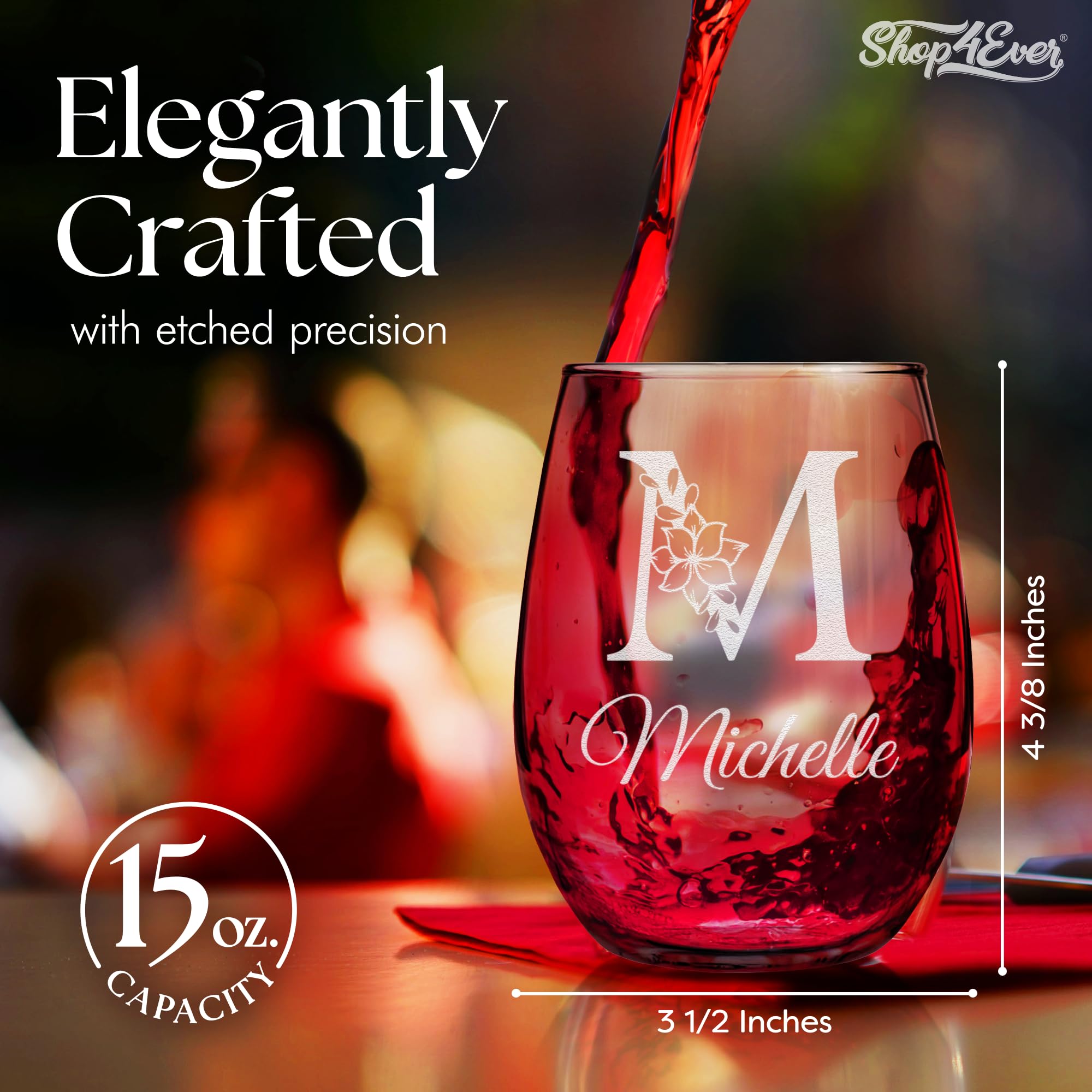Custom Personalized Initial Name Floral Flower Inspired Monogram Laser Engraved Stemless Wine Glass 15 oz.