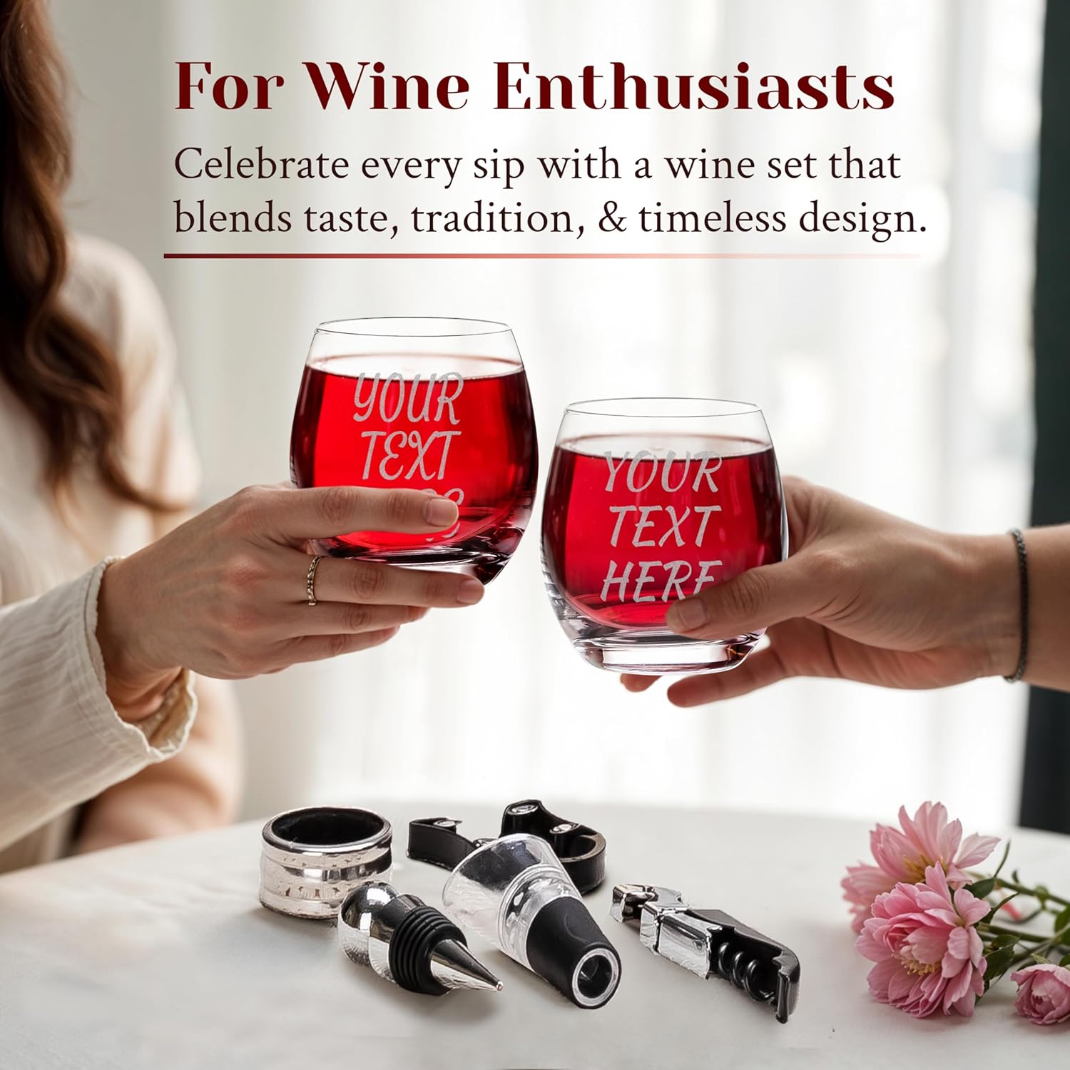 Custom Your Text or Logo Here Set of 2 Stemless Wine Glasses and Accessories with Engraved Wine Box Design Your Own Personalized Gift for Him Her Couples