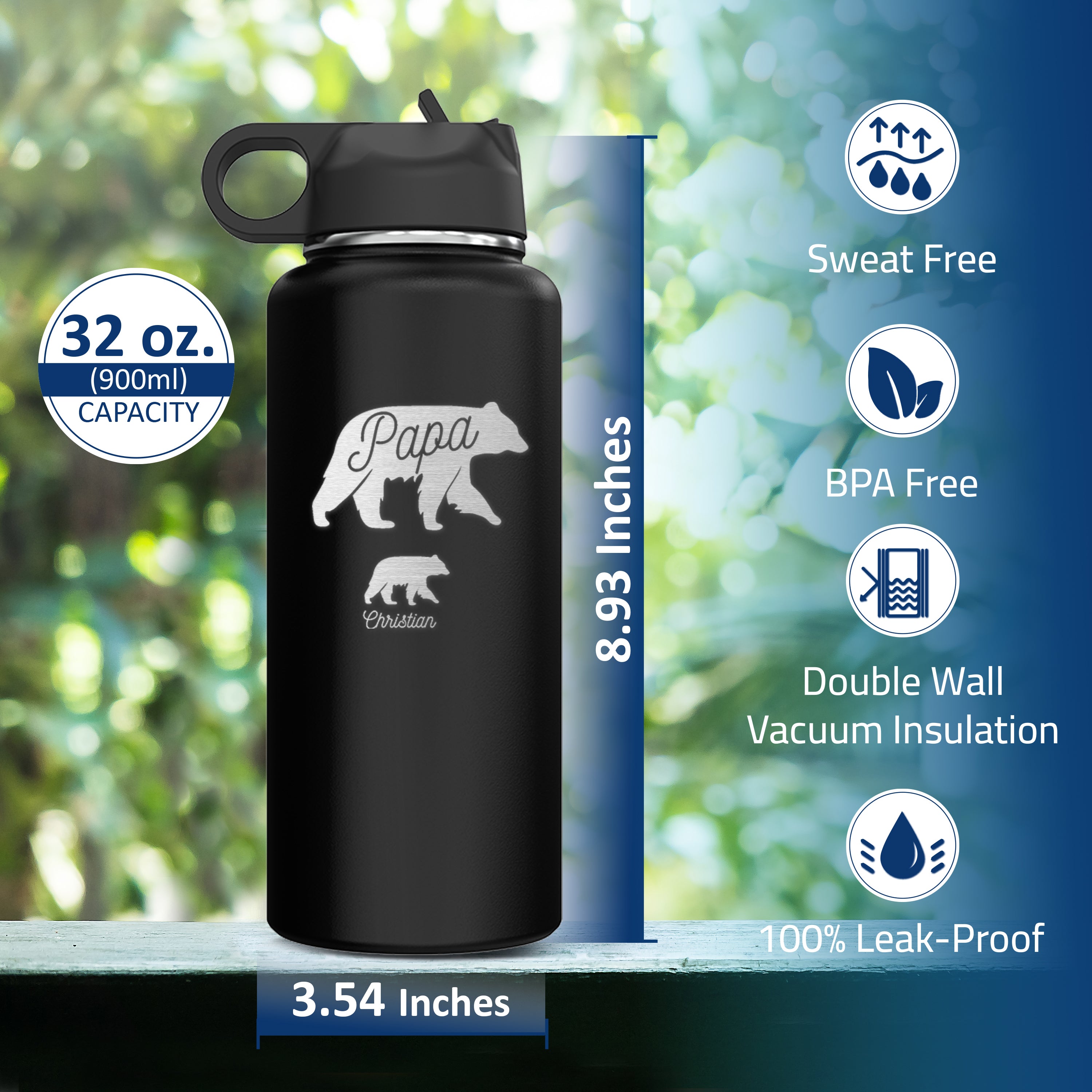 Custom Personalized Papa Bear Water Bottle 32oz.