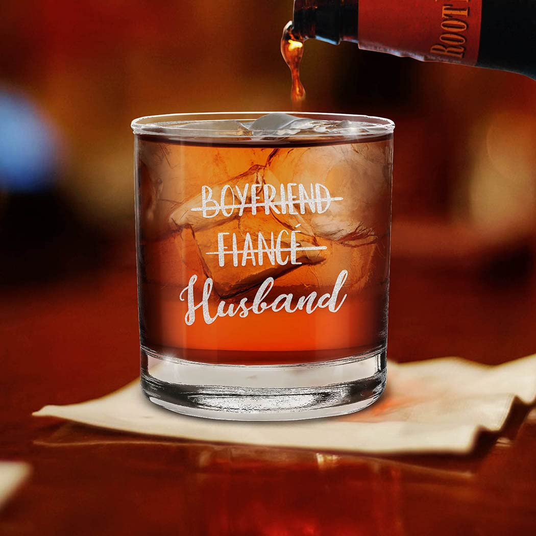 Boyfriend Fiance Husband Girlfriend Fiancee Wife Couples Gift Set Engraved Whiskey Glass and Stemless Wine Glass
