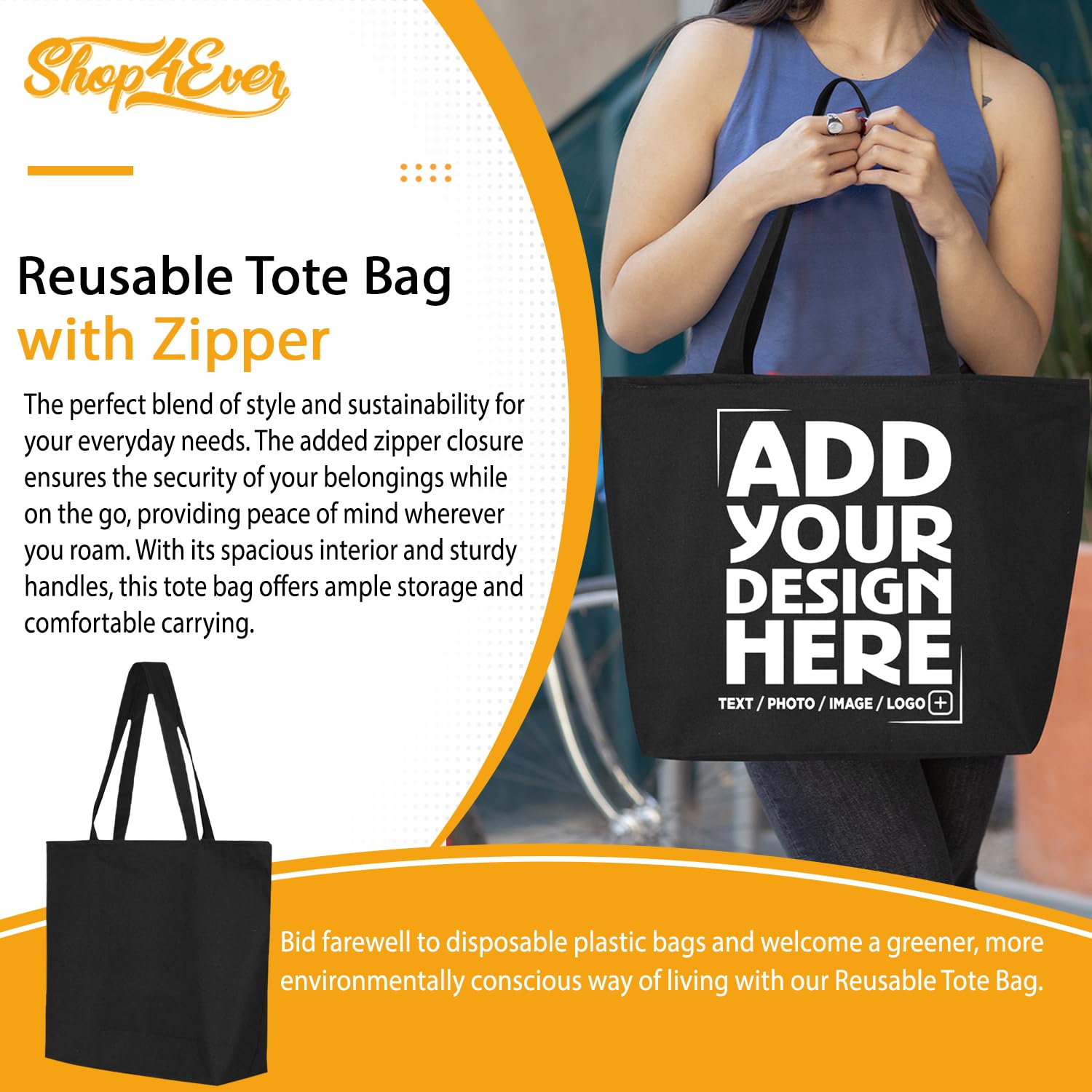Custom Personalized Design Your Own Heavy Canvas Tote with Zipper Reusable Shopping Bag