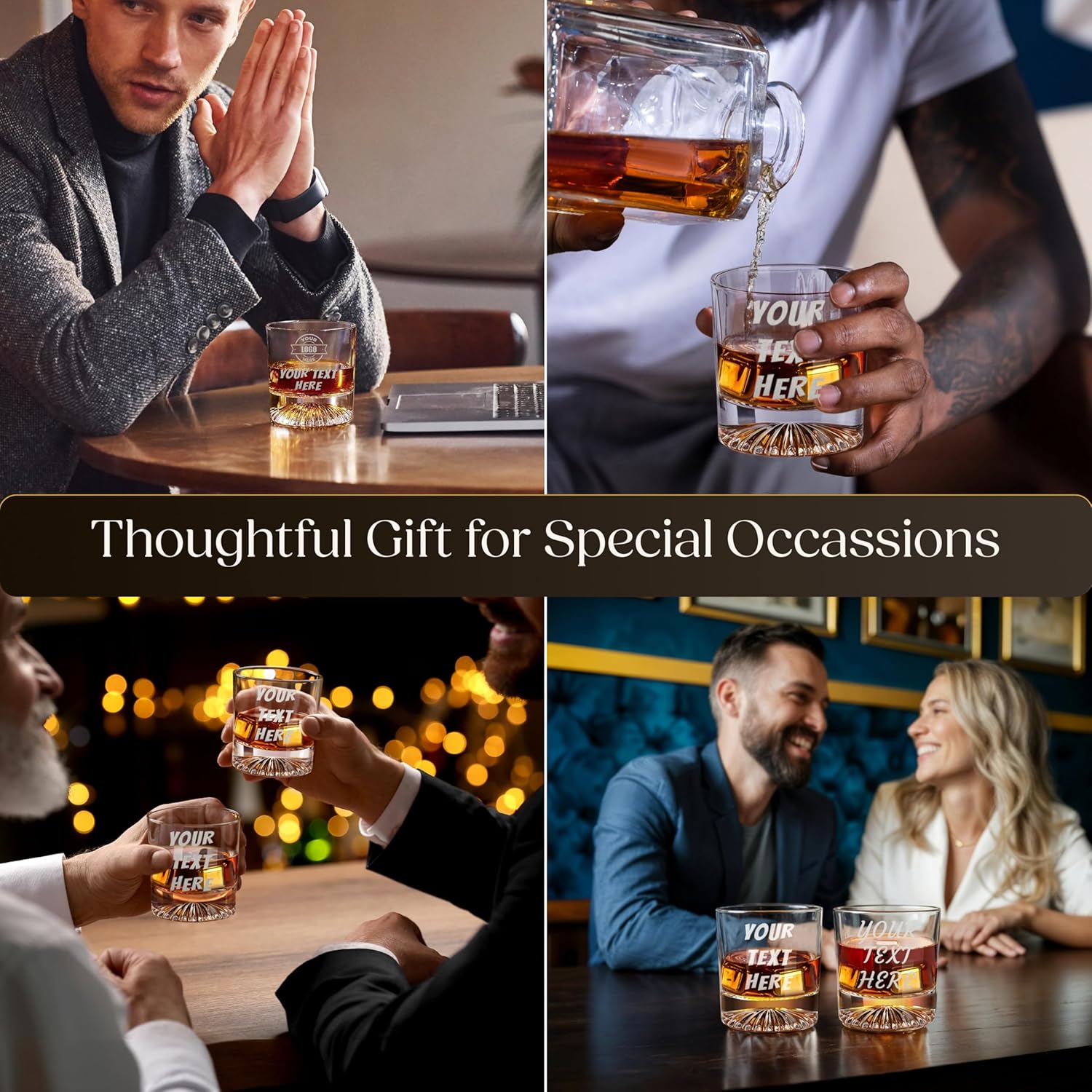 Custom Logo & Text Whiskey Gift Set – Includes Glass, Leather Coaster & Stainless Steel Whiskey Stones – Personalized Premium Wood Box for Men Gift for Husband, Dad, or Him
