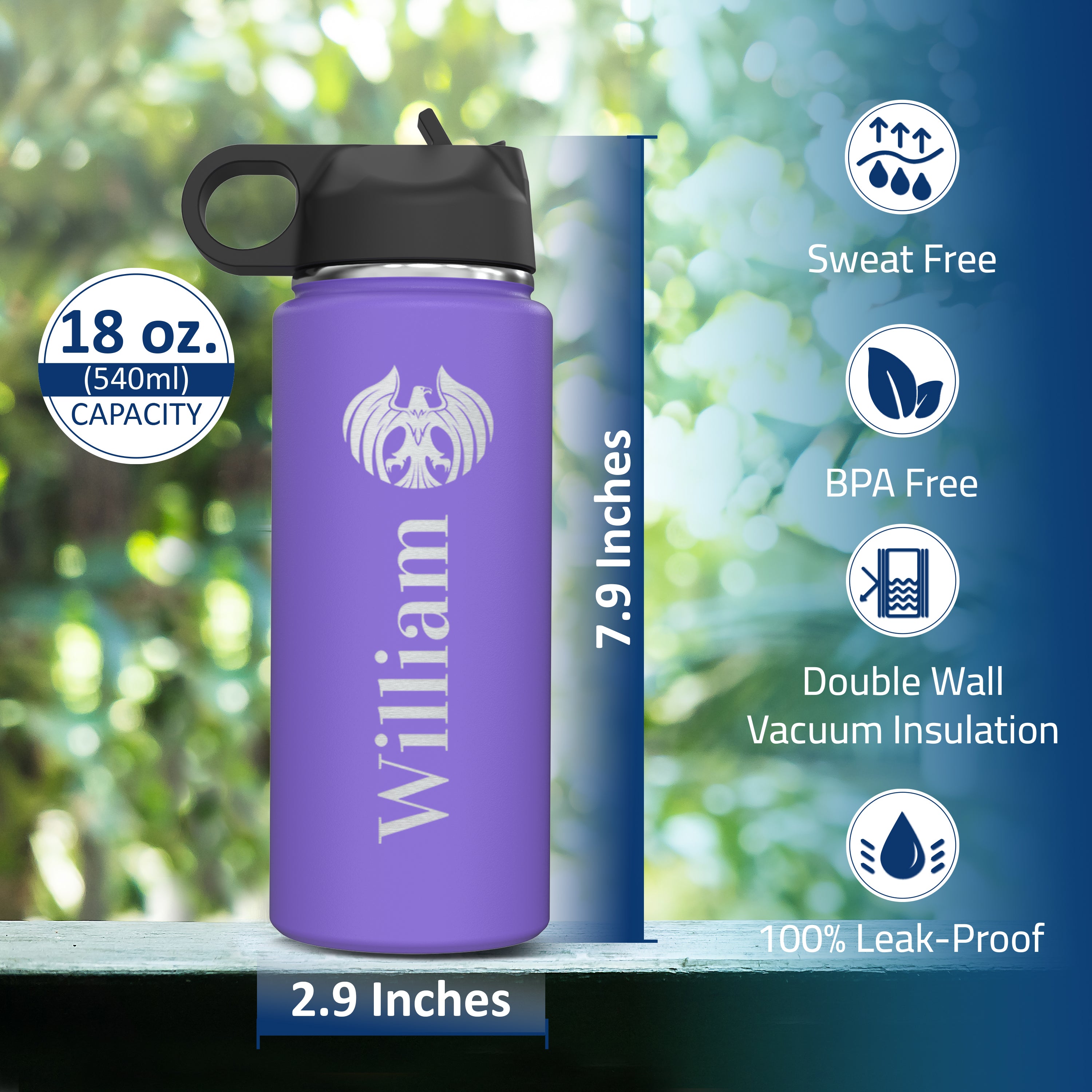 Custom Personalized Name and Icon Logo Insulated Stainless Steel Water Bottle 18oz.