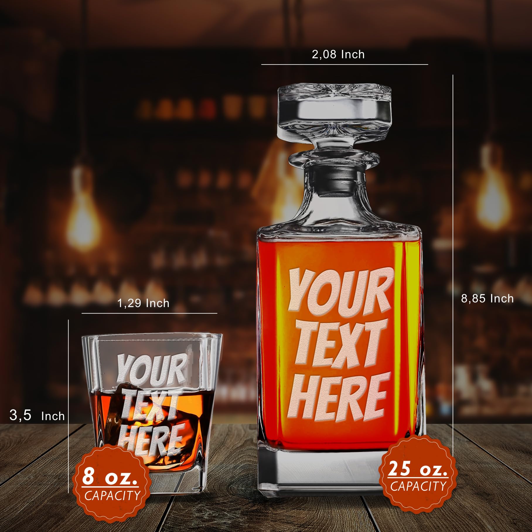 Custom Personalized Your Text Here Engraved Whiskey Decanter Set with 4 Glasses.