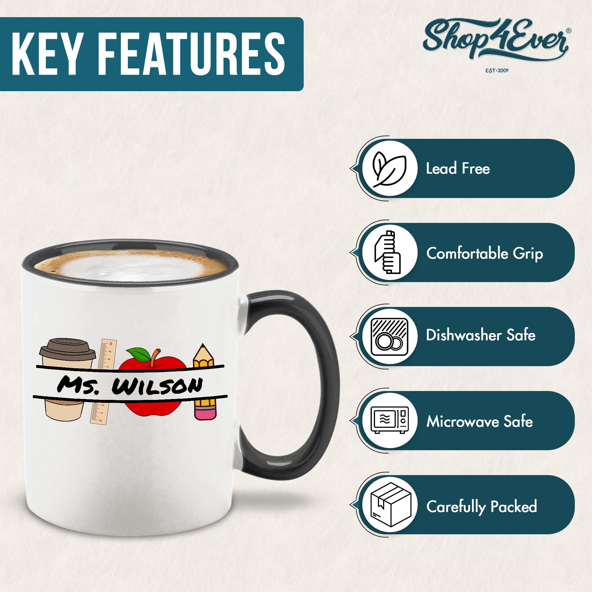 Custom Personalized Teacher Name Coffee Apple Ceramic Mug 11 oz. (Black Handle)