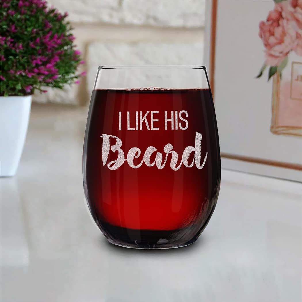 I Like Her Butt I Like His Beard Couples Gift Set Engraved Whiskey Glass and Stemless Wine Glass.