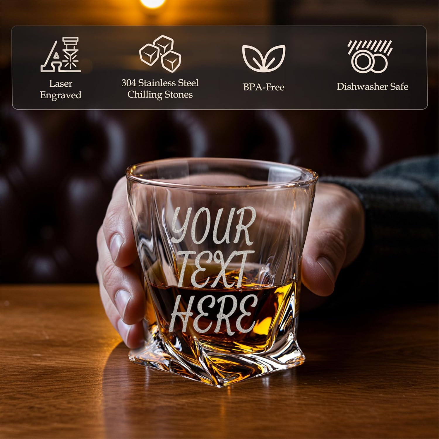 Custom Your Text and Logo Whiskey Gift Set of 2 Glasses, Tongs, & Stainless Steel Whiskey Stones – Personalized Premium Wood Box for Men Gift for Husband, Dad, or Him