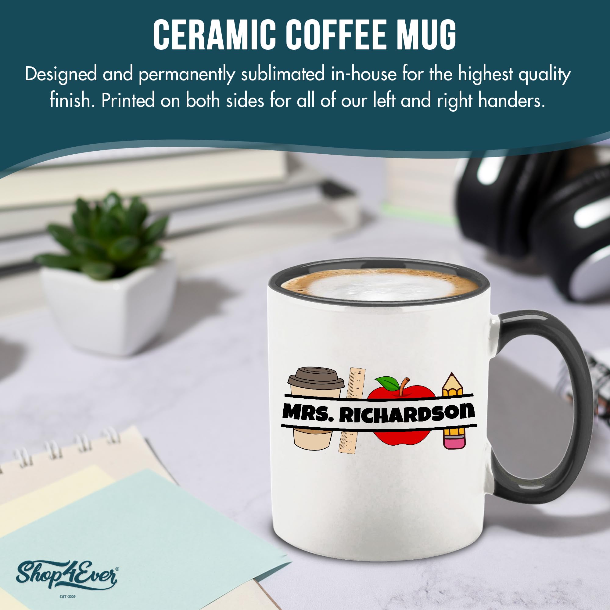 Custom Personalized Teacher Name Coffee Apple Ceramic Mug 11 oz. (Black Handle)
