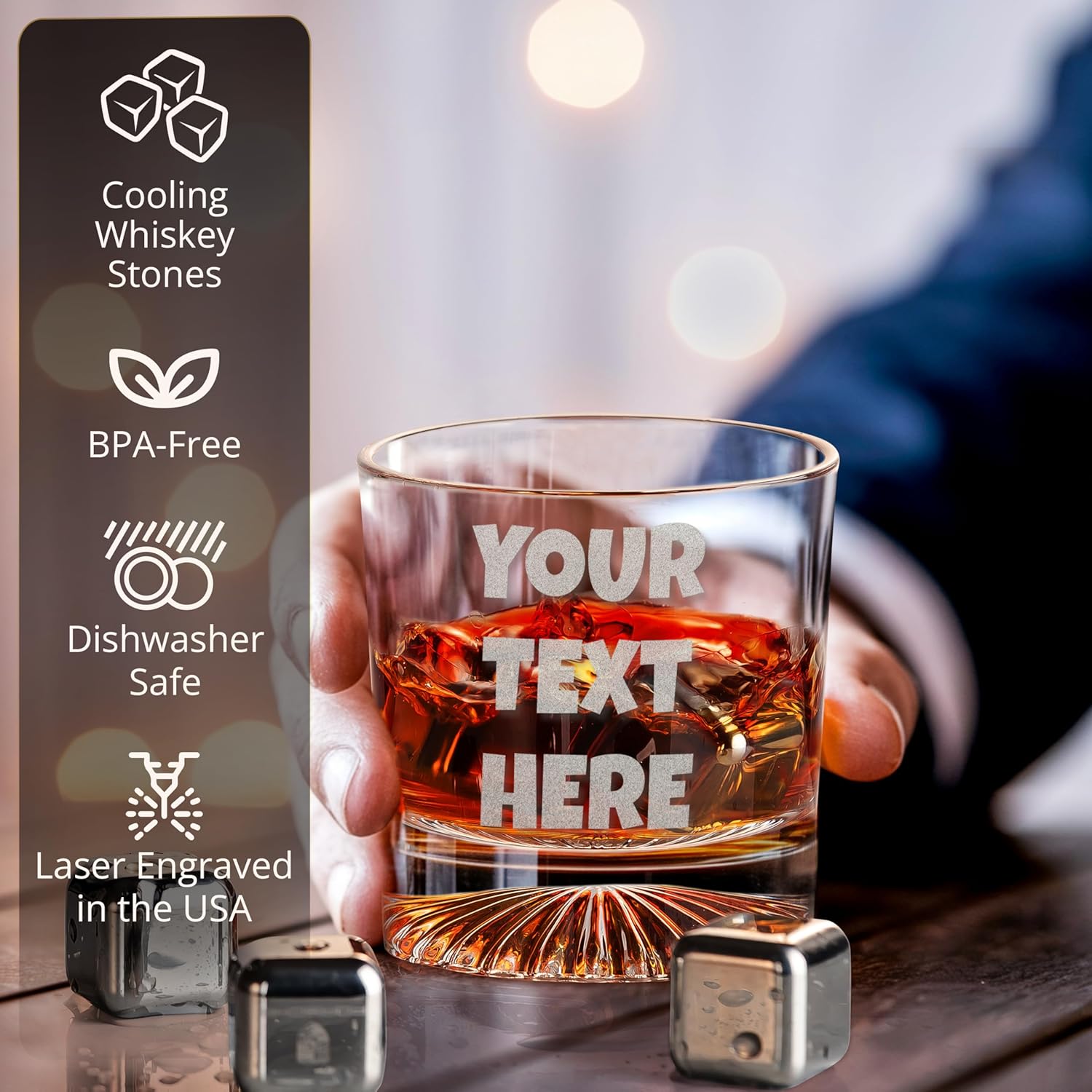 Custom Logo & Text Whiskey Gift Set – Includes Glass, Leather Coaster & Stainless Steel Whiskey Stones – Personalized Premium Wood Box for Men Gift for Husband, Dad, or Him