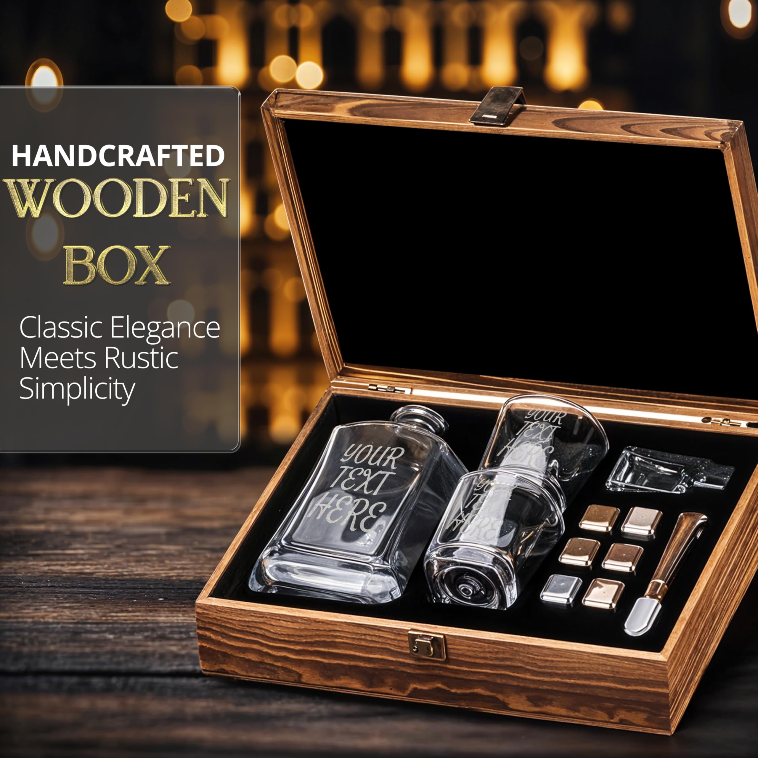 Custom Engraved Your Text Logo Whiskey Decanter Gift Set – 23 oz Liquor/Bourbon Decanter with Glasses, Whiskey Stones, Coasters & Tongs – Premium Whiskey Gift for Men, Husband, Dad, or Boyfriend