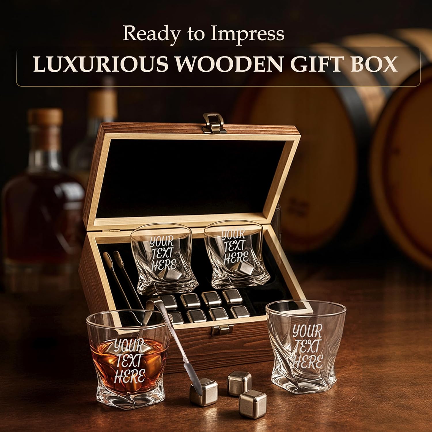 Custom Your Text and Logo Whiskey Gift Set of 2 Glasses, Tongs, & Stainless Steel Whiskey Stones – Personalized Premium Wood Box for Men Gift for Husband, Dad, or Him