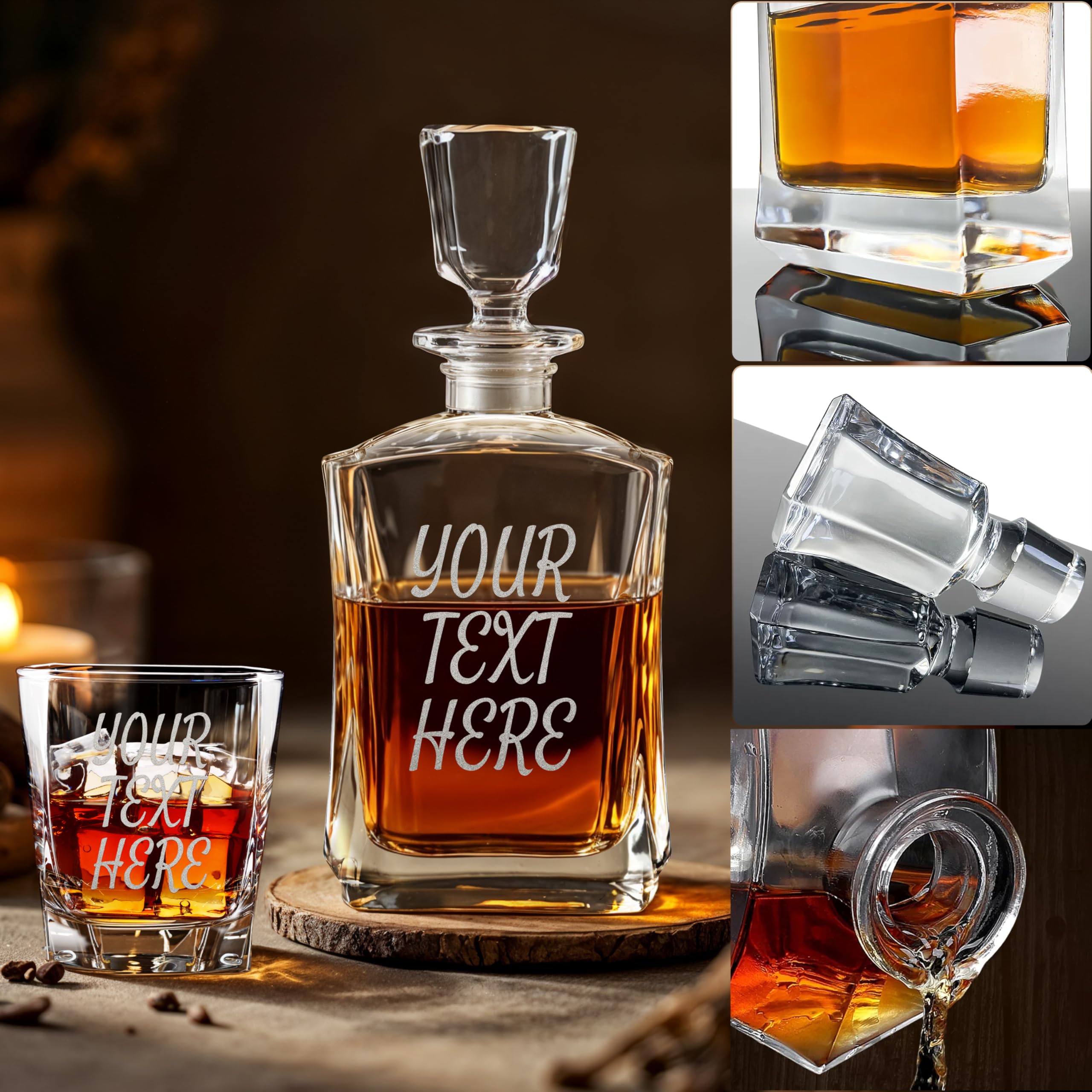 Custom Engraved Your Text Logo Whiskey Decanter Gift Set – 23 oz Liquor/Bourbon Decanter with Glasses, Whiskey Stones, Coasters & Tongs – Premium Whiskey Gift for Men, Husband, Dad, or Boyfriend