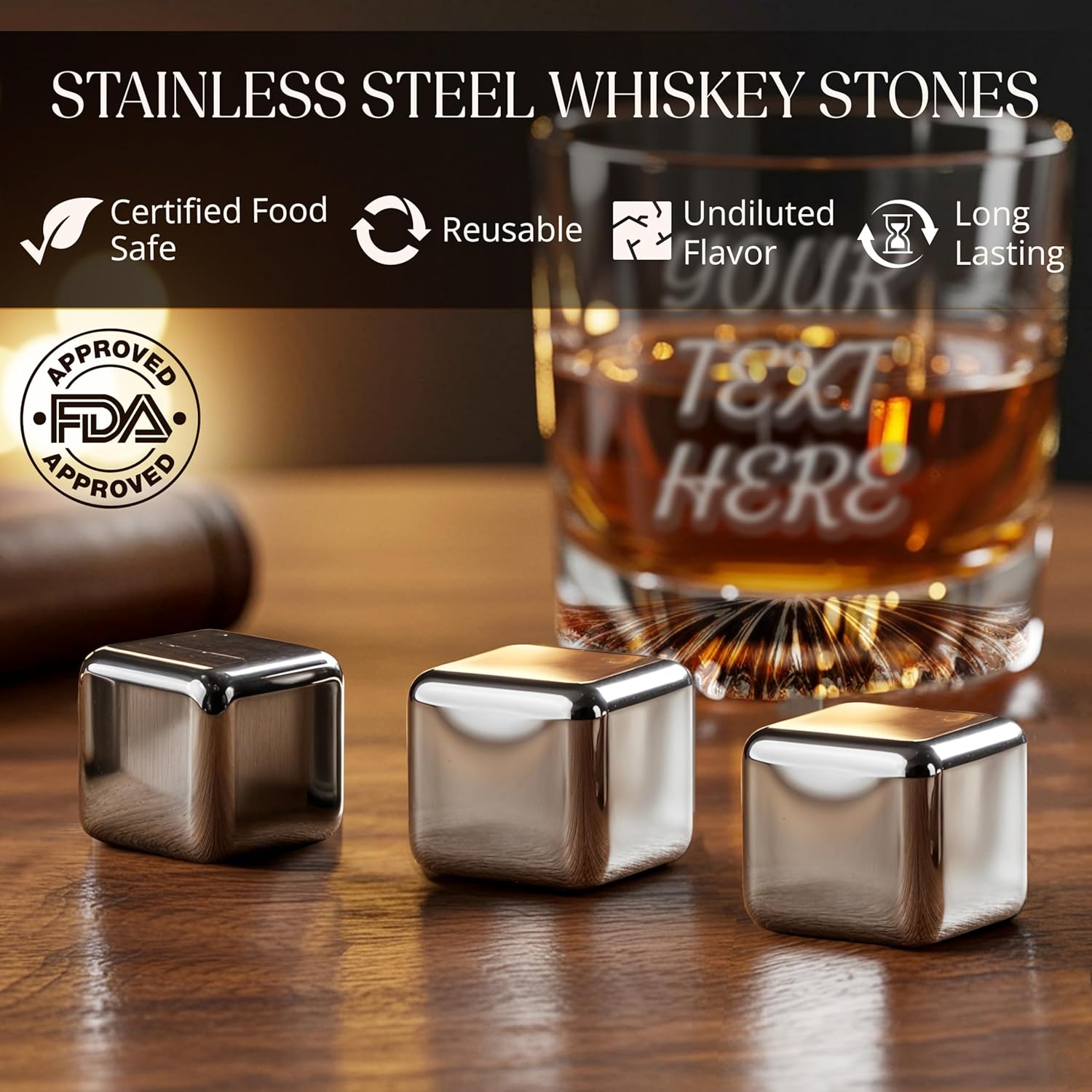 Custom Logo & Text Whiskey Gift Set – Includes Glass, Leather Coaster & Stainless Steel Whiskey Stones – Personalized Premium Wood Box for Men Gift for Husband, Dad, or Him