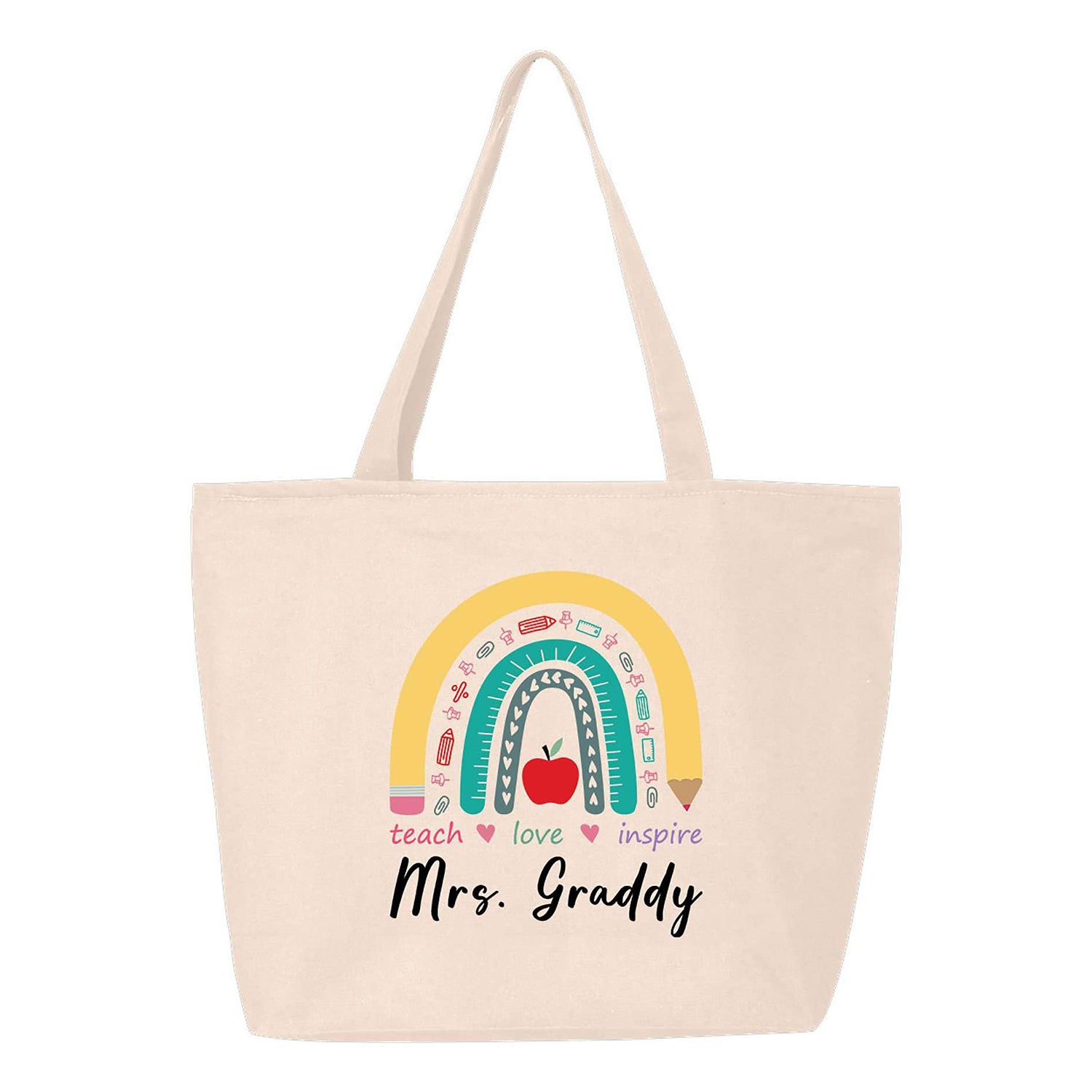 Custom Personalized Teacher Teach Love Inspire Rainbow Heavy Canvas Tote with Zipper.