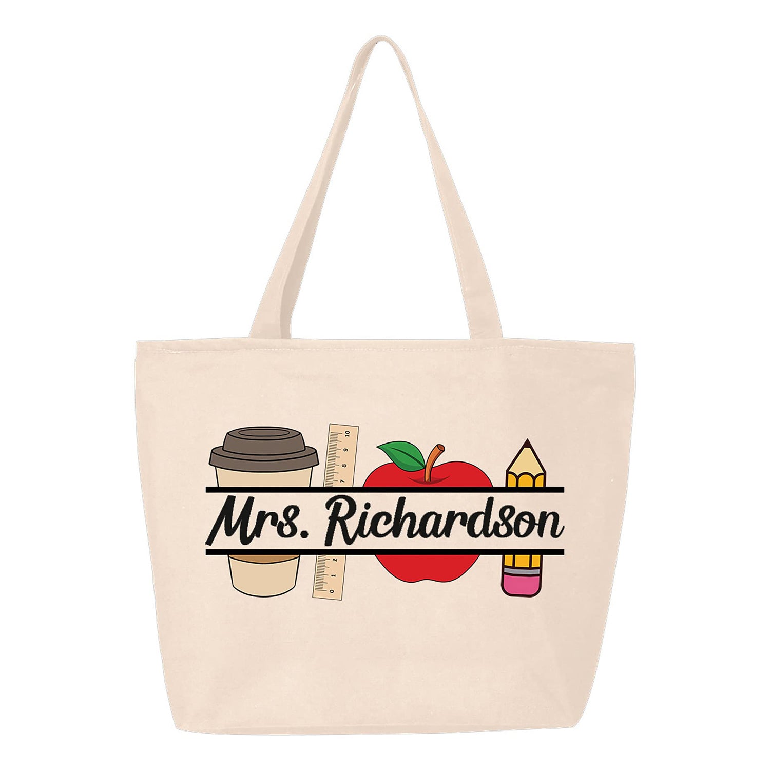Custom Personalized Teacher Name Coffee Apple Heavy Canvas Tote with Zipper.