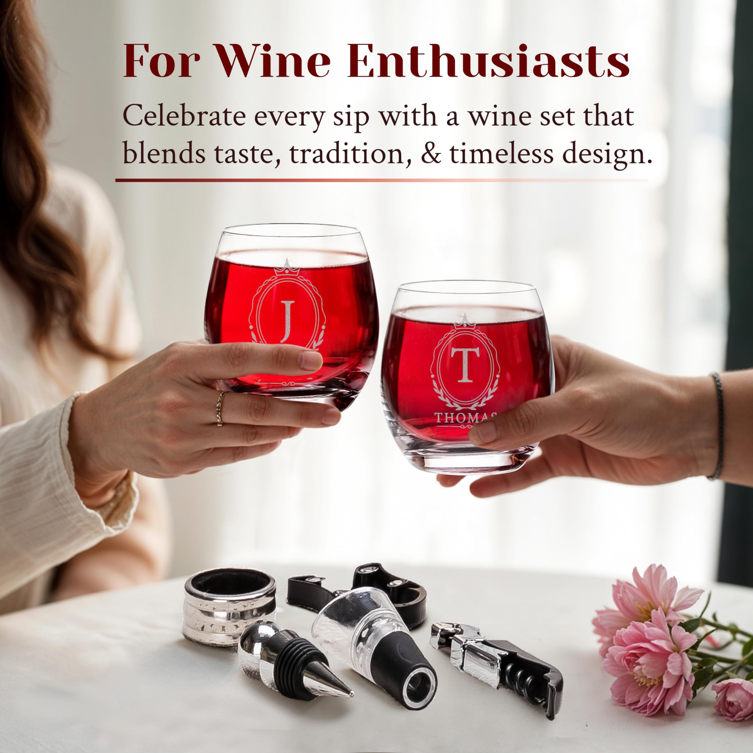 Custom Monogram Initial Name Set of 2 Stemless Wine Glasses and Accessories with Engraved Wine Box Design Your Own Personalized Gift for Him Her 12 Designs