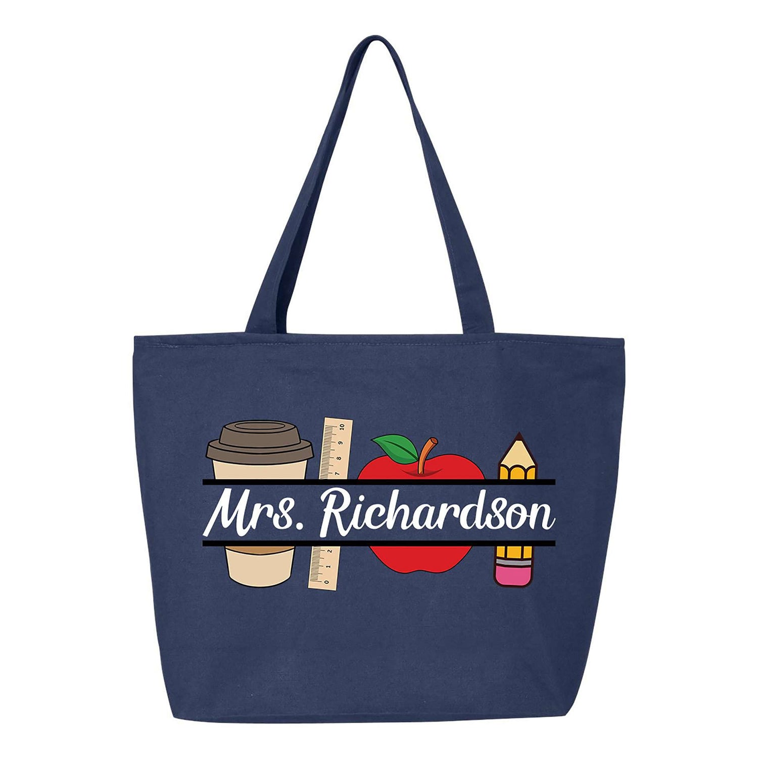 Custom Personalized Teacher Name Coffee Apple Heavy Canvas Tote with Zipper.