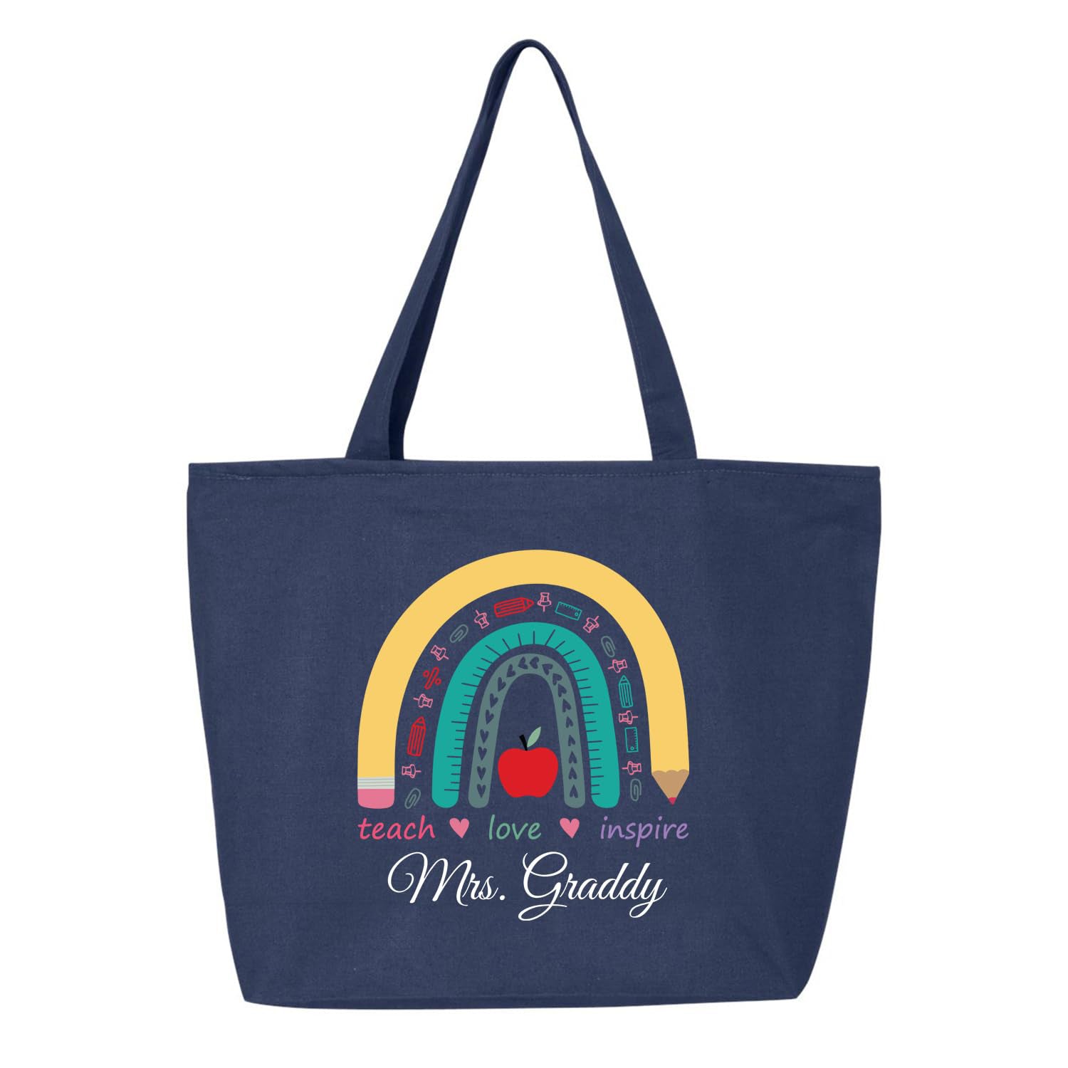 Custom Personalized Teacher Teach Love Inspire Rainbow Heavy Canvas Tote with Zipper.