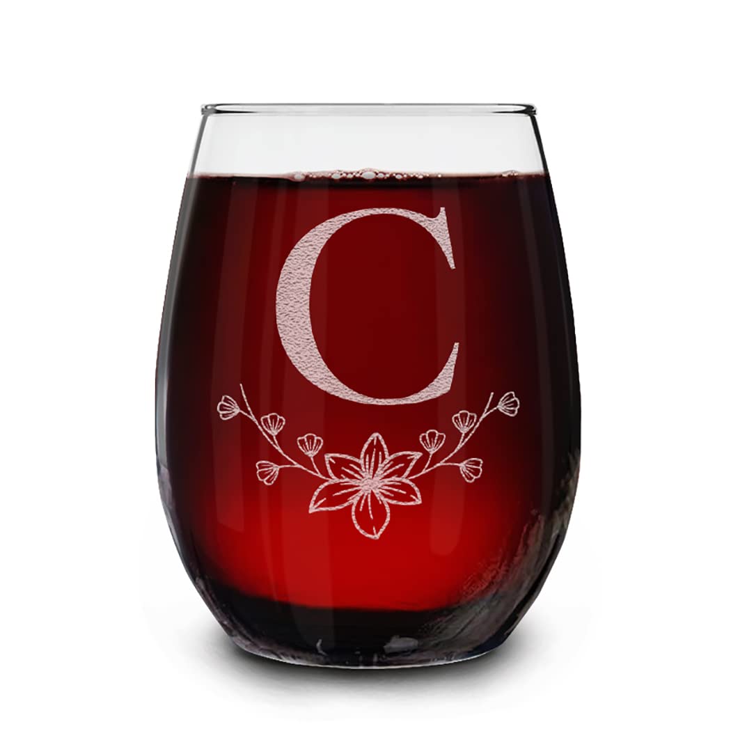 Floral Monogram Engraved Initial Letter Stemless Wine Glass 15 oz.