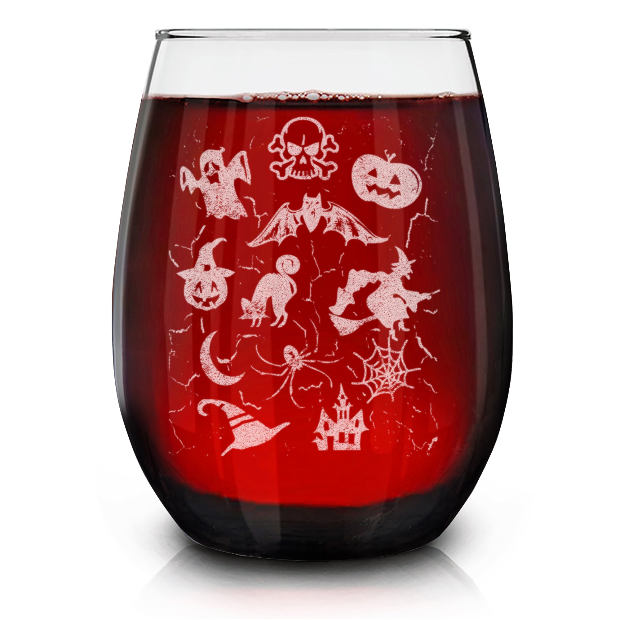 Halloween Mash Up Pumpkin Skull Witch Engraved Stemless Wine Glass 15 oz.